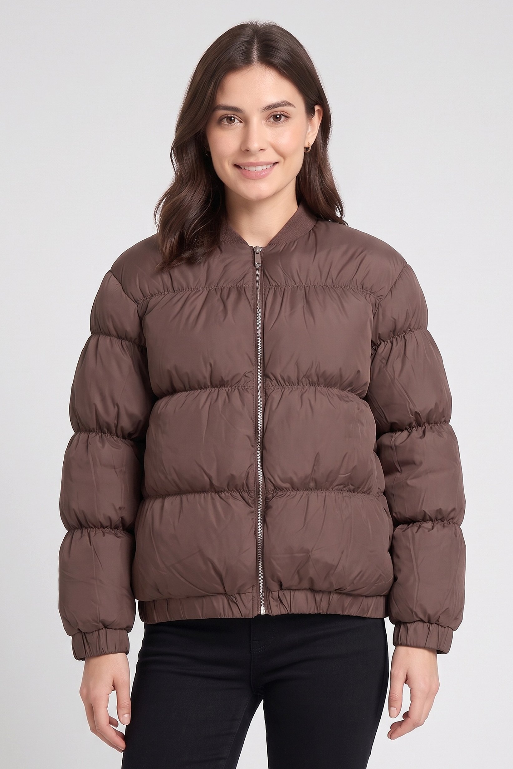 Women Quilted Puffer Jacket, Brown