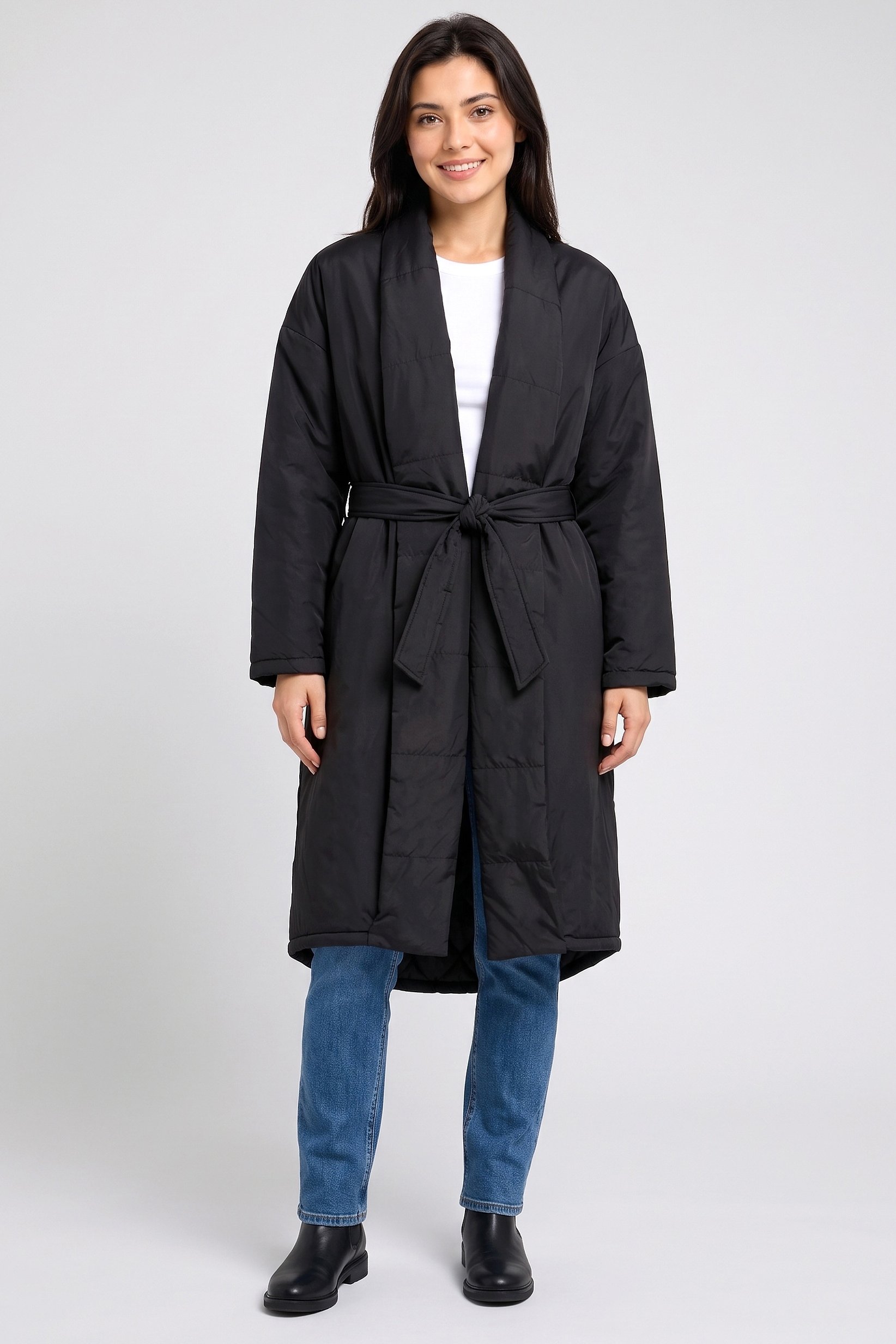 Women Solid Belted Puffer Jacket, Black