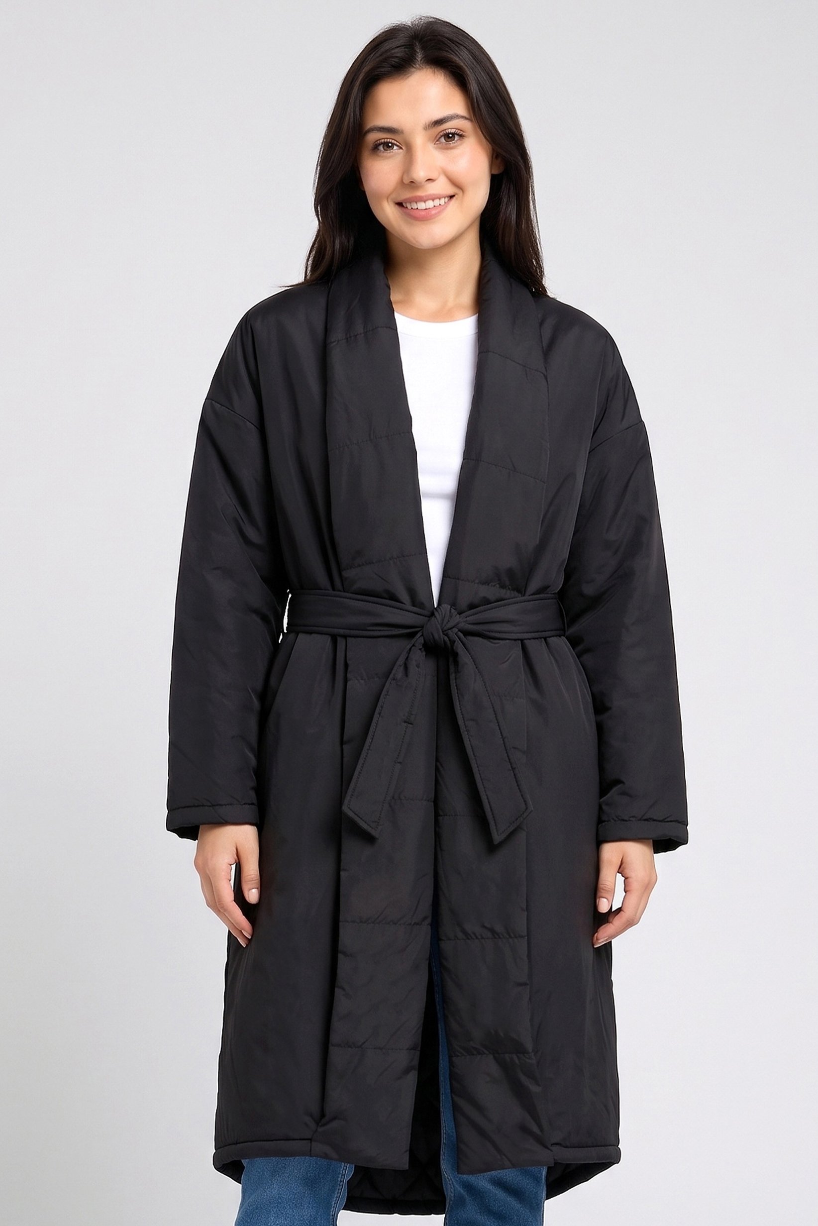 Women Solid Belted Puffer Jacket, Black