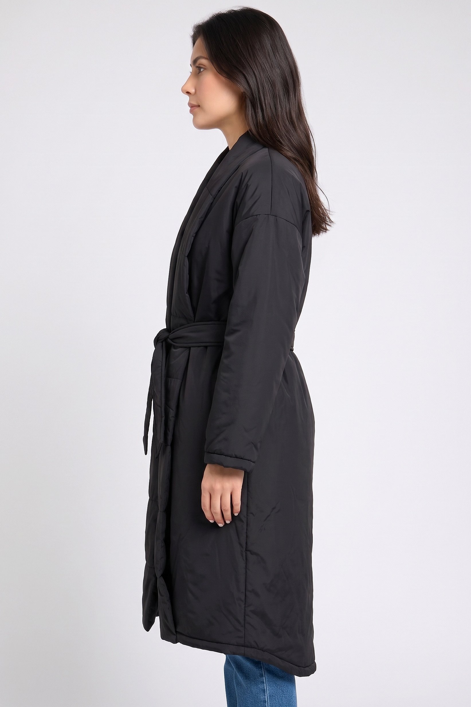 Women Solid Belted Puffer Jacket, Black
