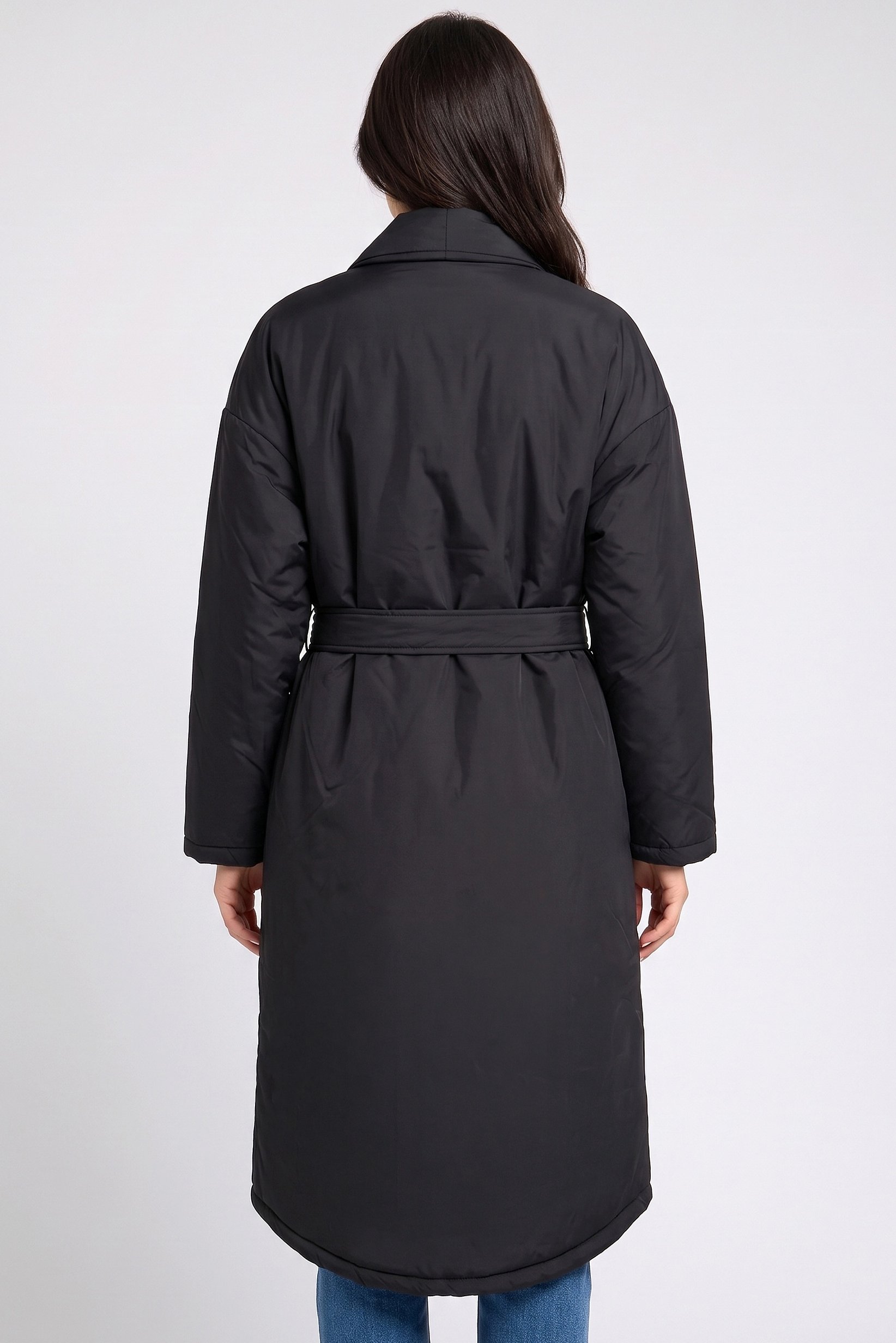 Women Solid Belted Puffer Jacket, Black