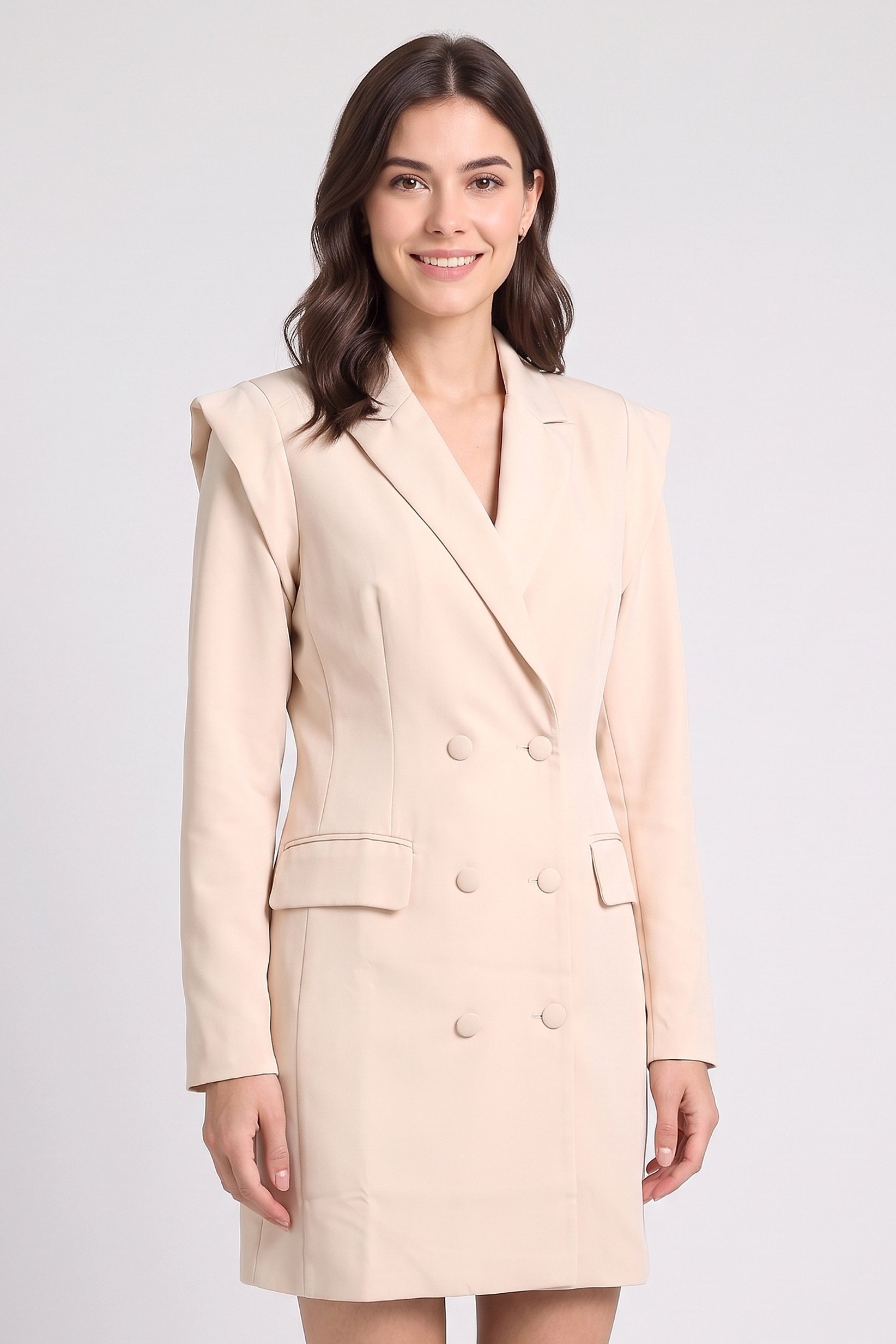 Women Solid Blazer Dress, Cream