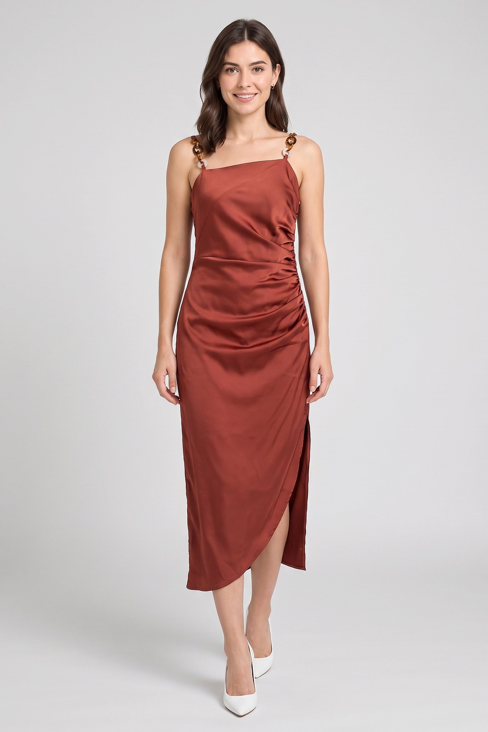 Women Plain Midi Dress, Rust