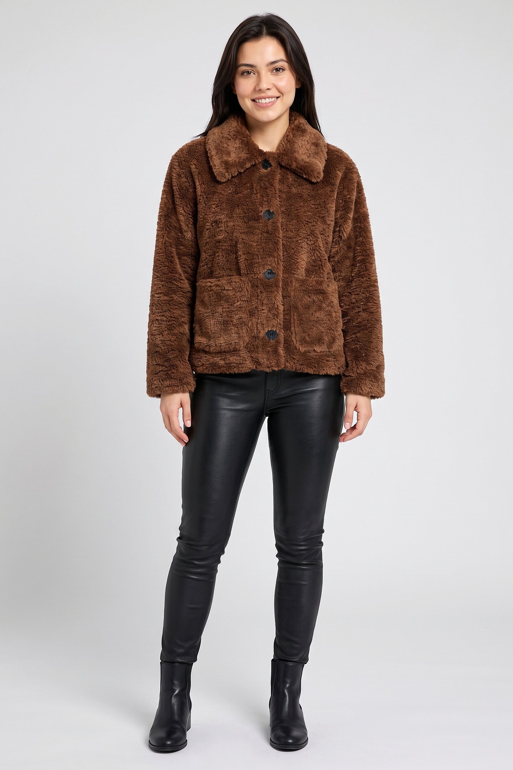 Women Textured Sherpa Jacket, Brown