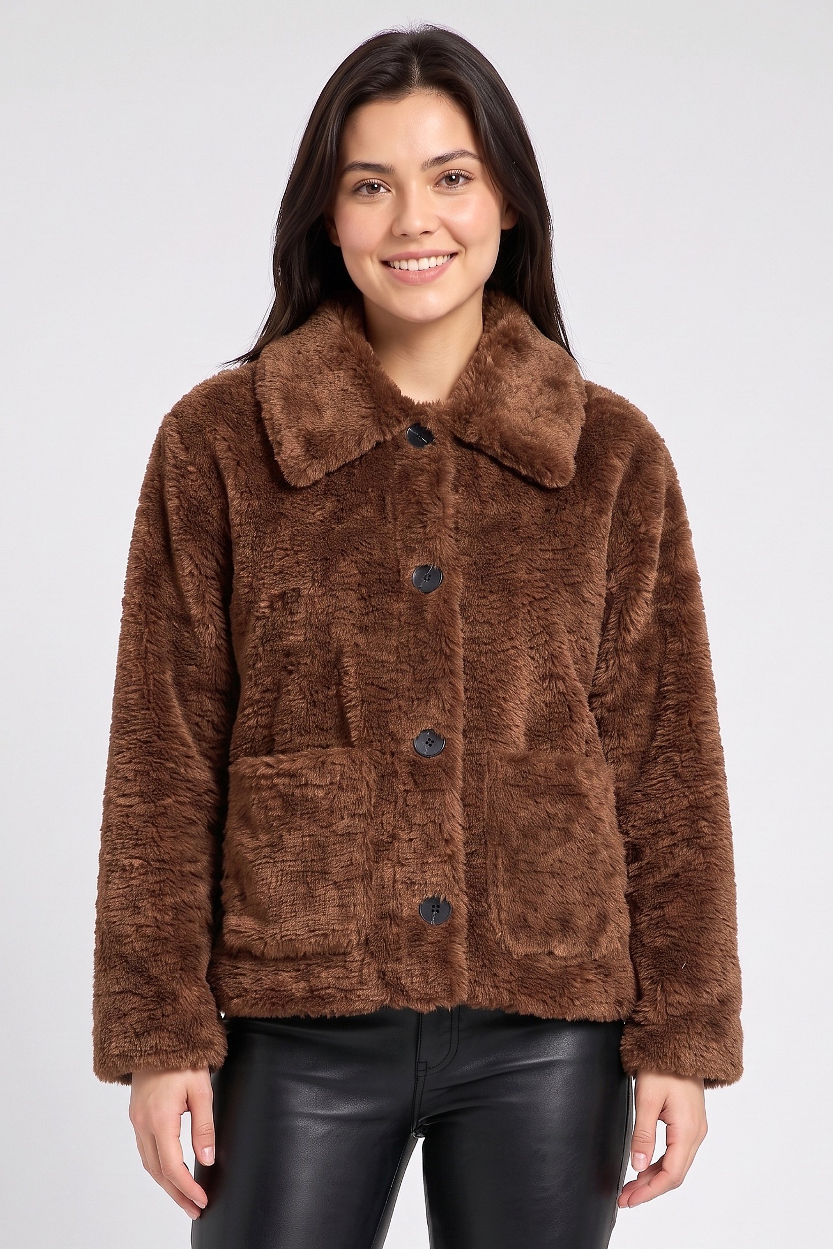 Women Textured Sherpa Jacket, Brown
