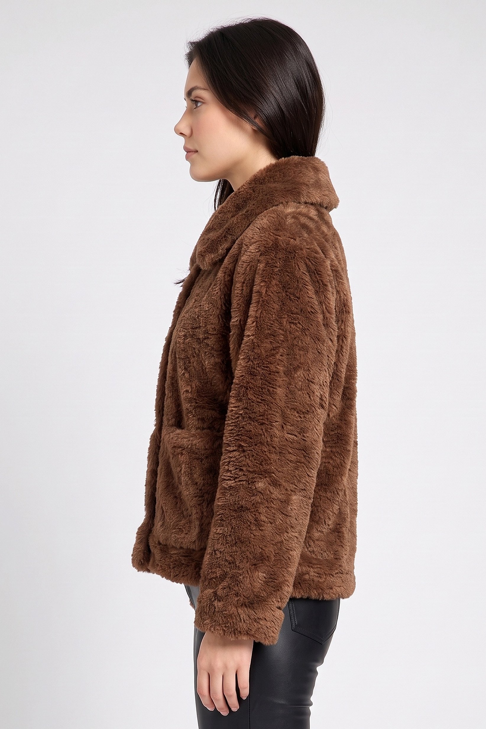 Women Textured Sherpa Jacket, Brown