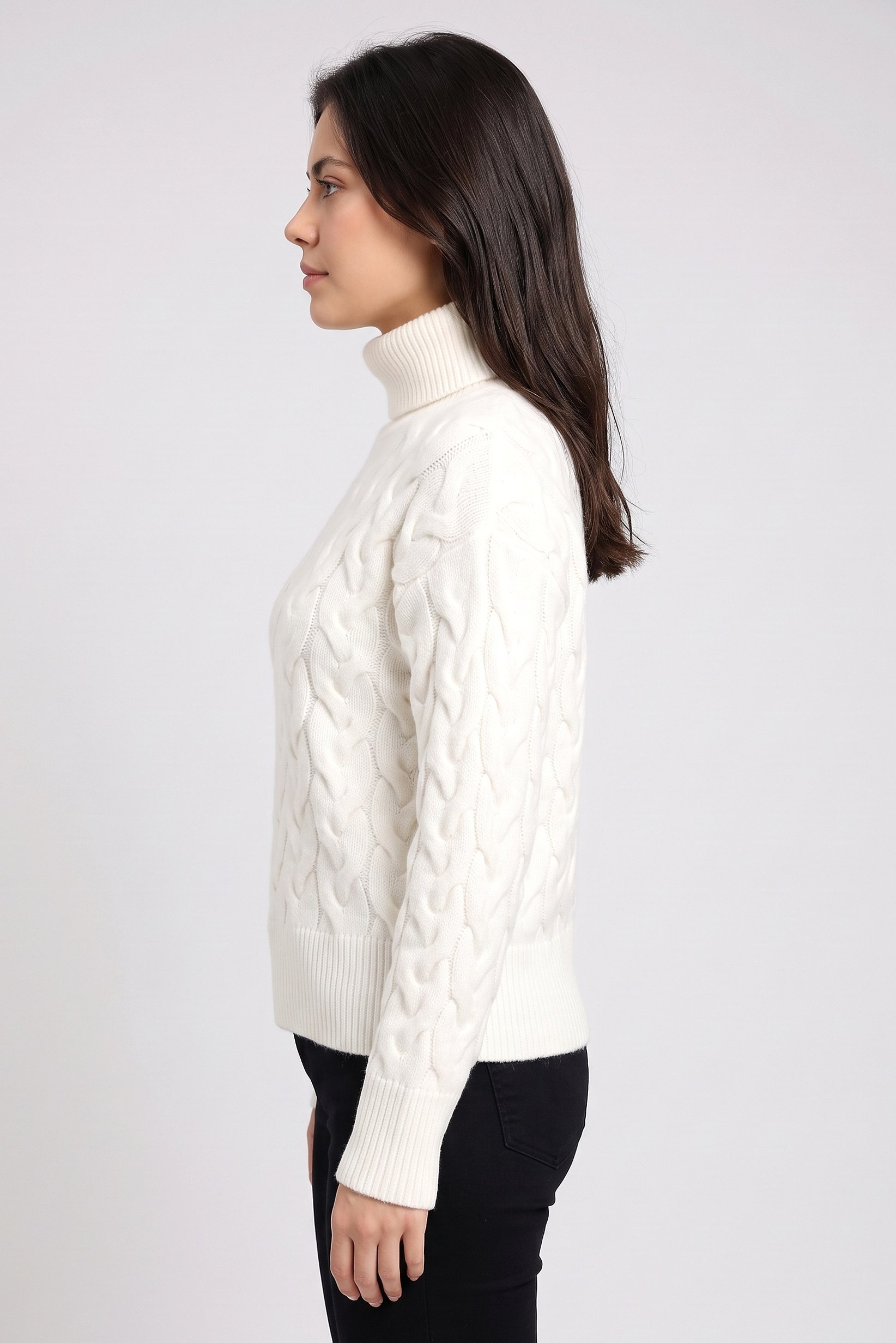 Women Turtle Neck Textured Sweater, Ivory