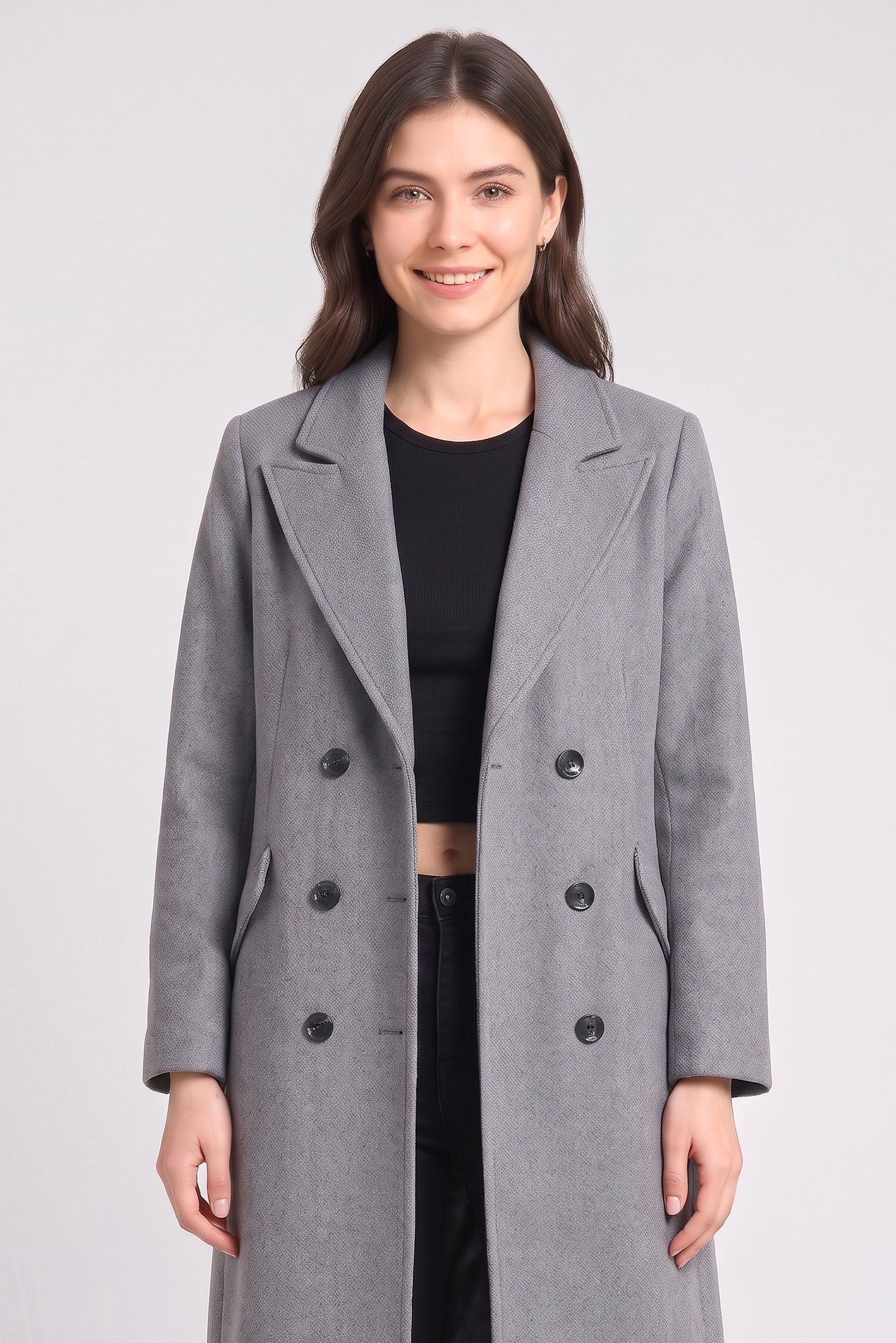 Women Textured Trench Coat, Grey