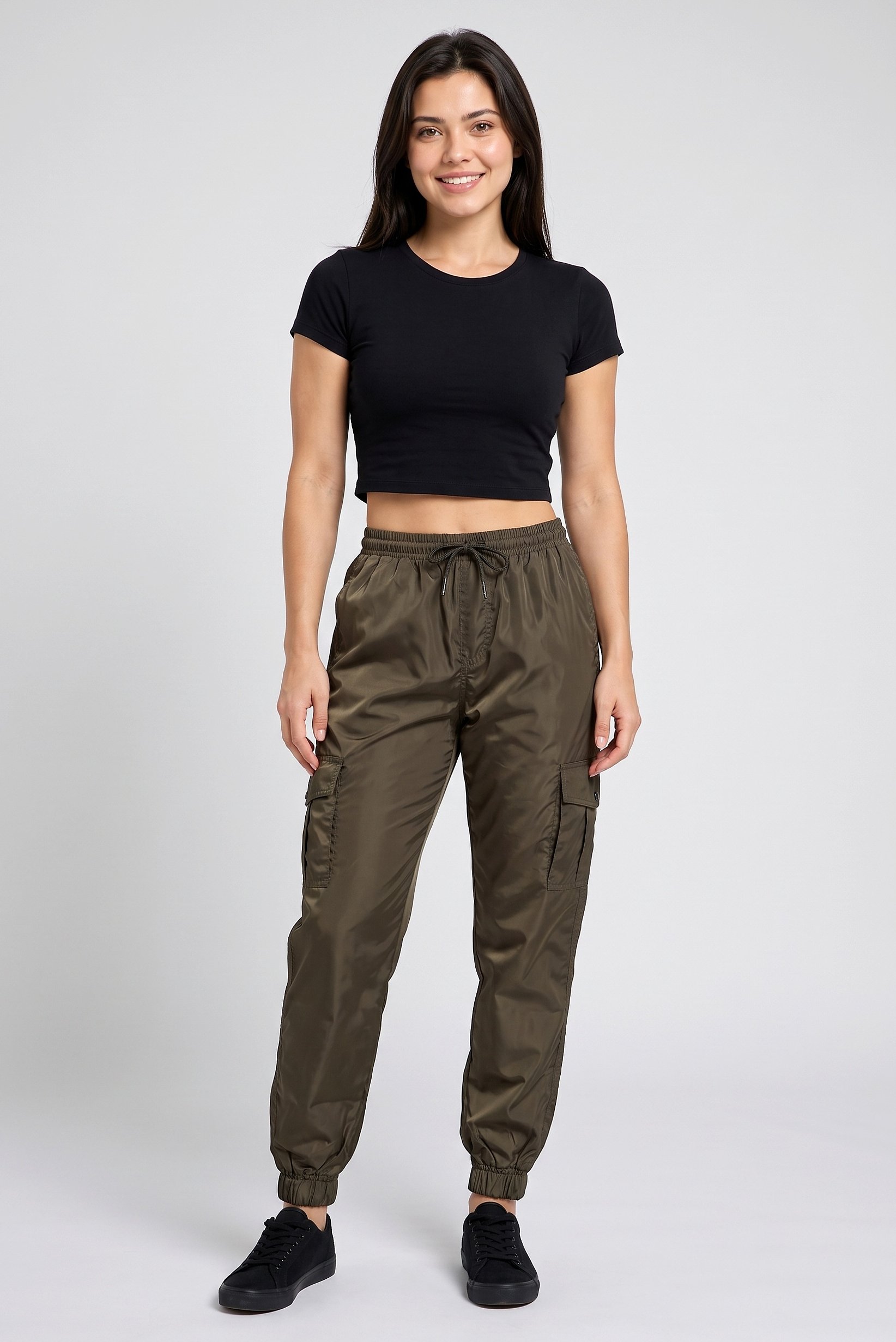 Women Regular Fit Solid Cargo Pants, Dark Olive