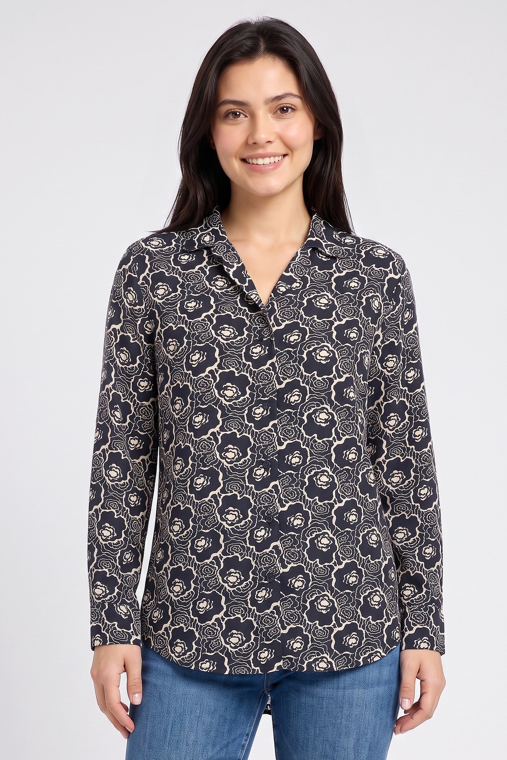 Women Spread Collar Long Sleeve Allover Print Blouse, Multicolor