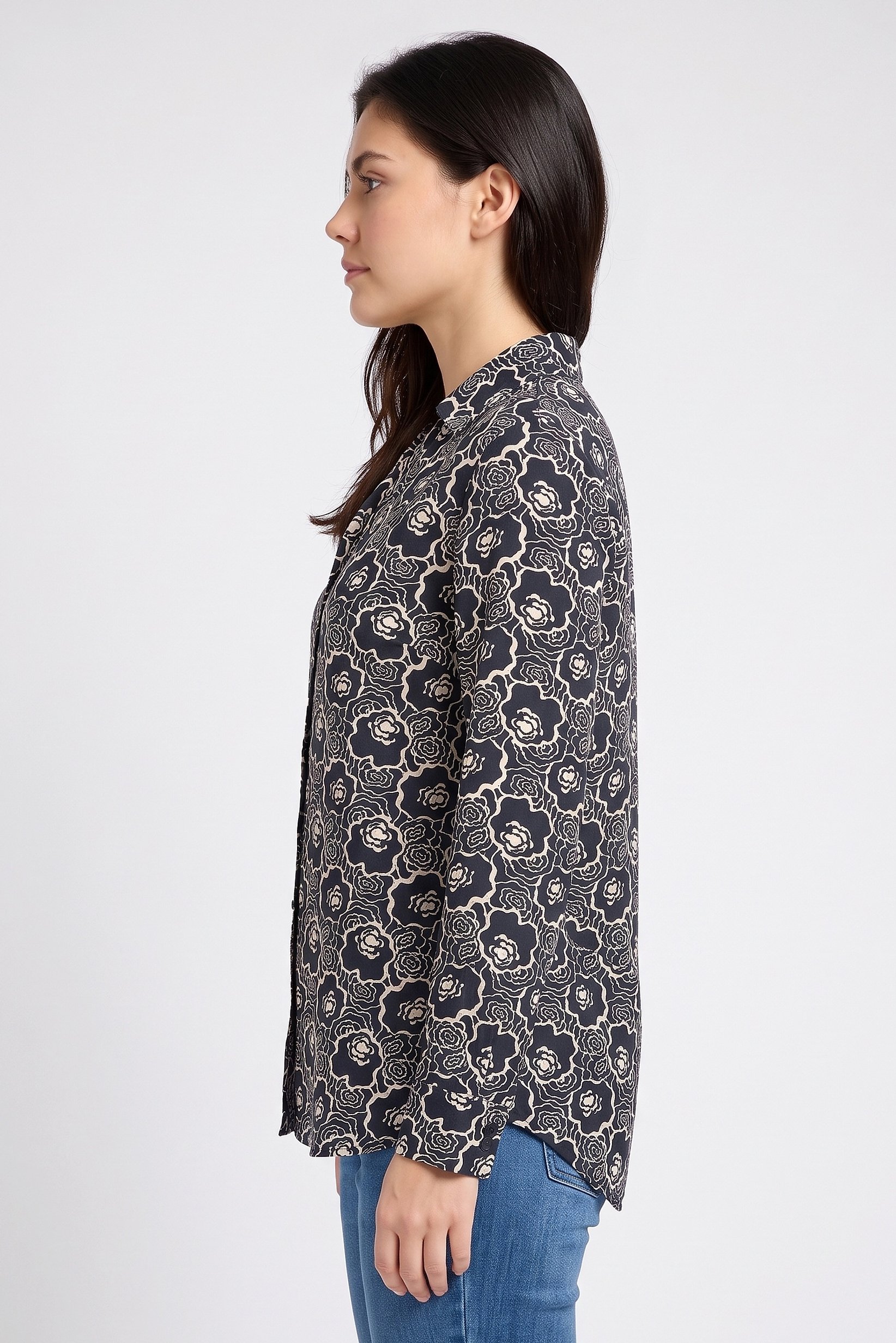 Women Spread Collar Long Sleeve Allover Print Blouse, Multicolor
