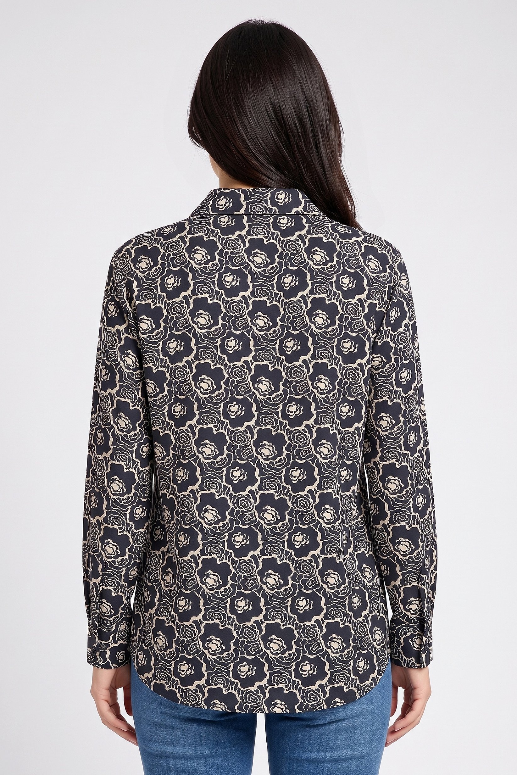 Women Spread Collar Long Sleeve Allover Print Blouse, Multicolor