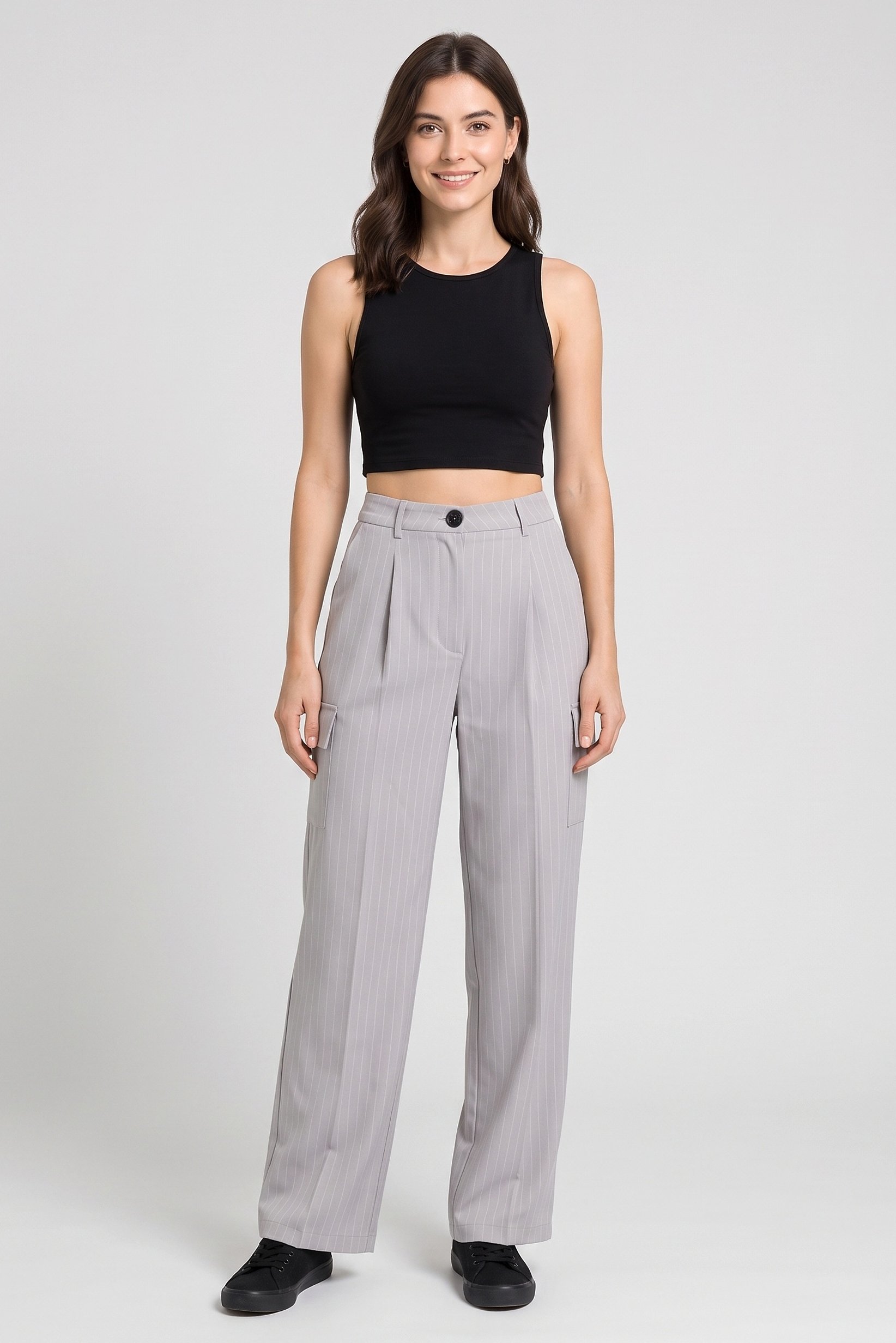 Women Regular Fit Stripe Wide Leg Pants, Grey