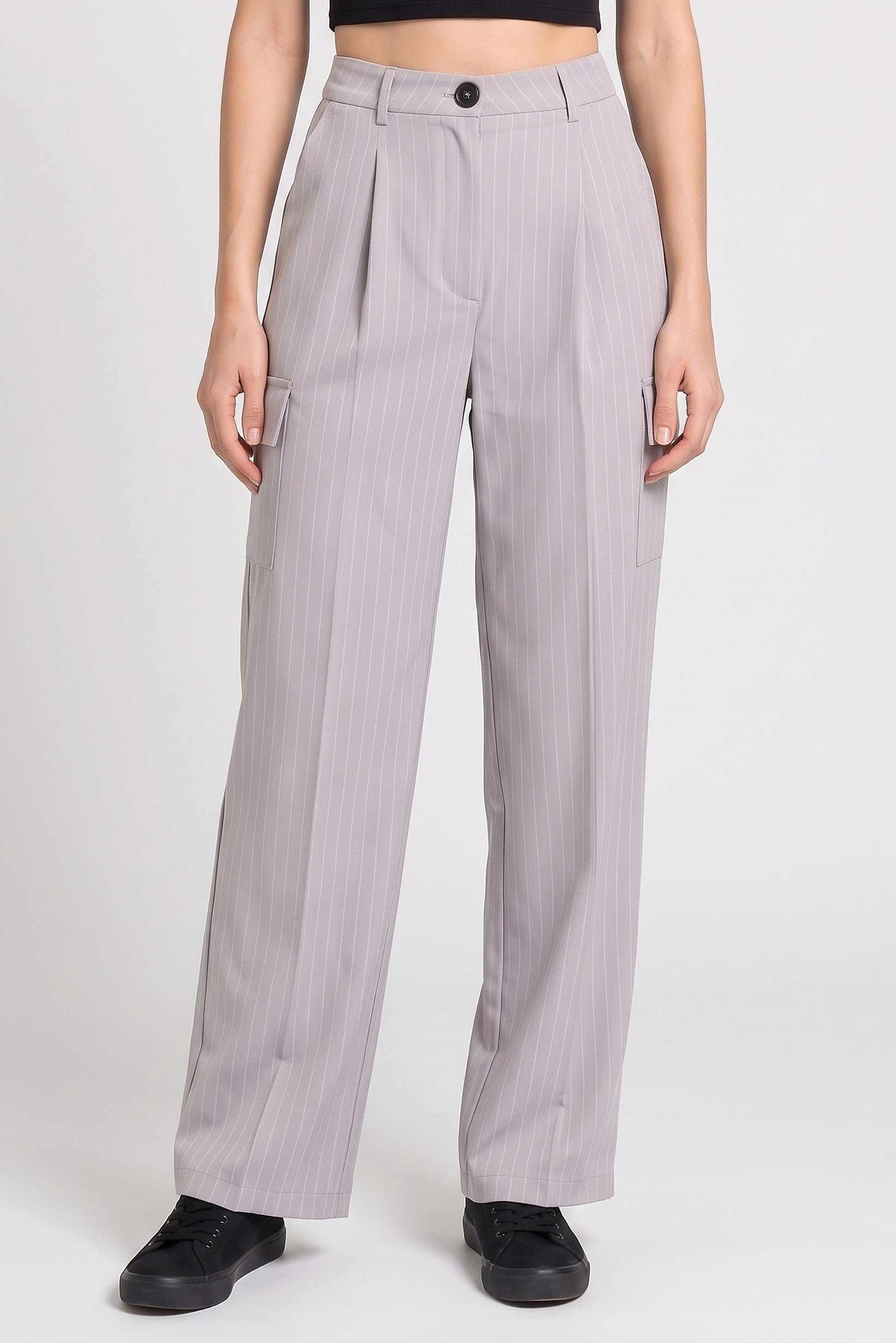 Women Regular Fit Stripe Wide Leg Pants, Grey