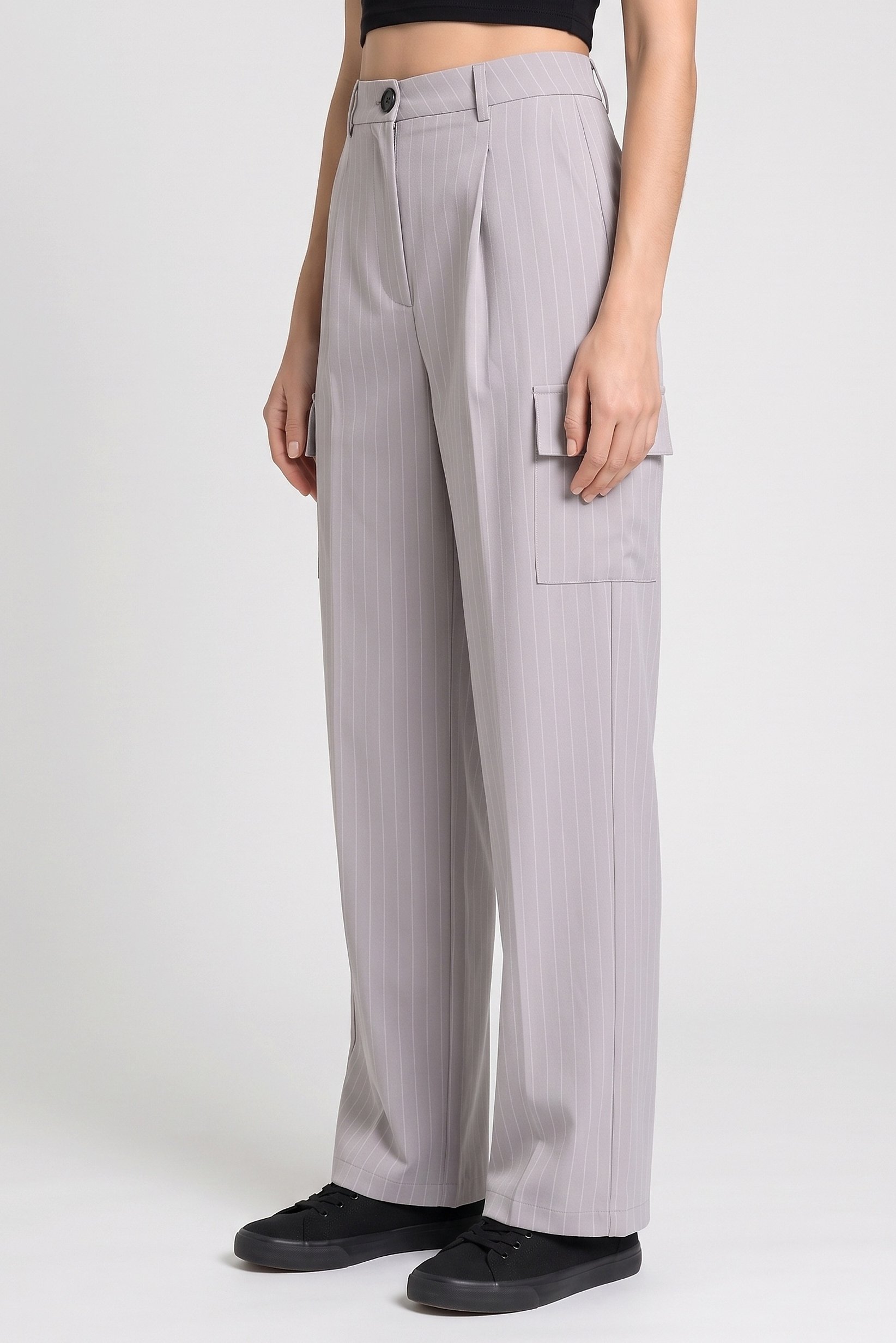 Women Regular Fit Stripe Wide Leg Pants, Grey