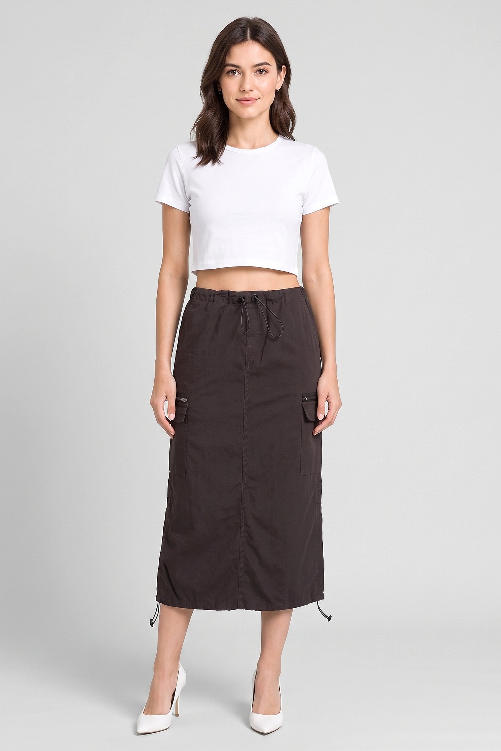 Women Solid Midi Skirt, Charcoal