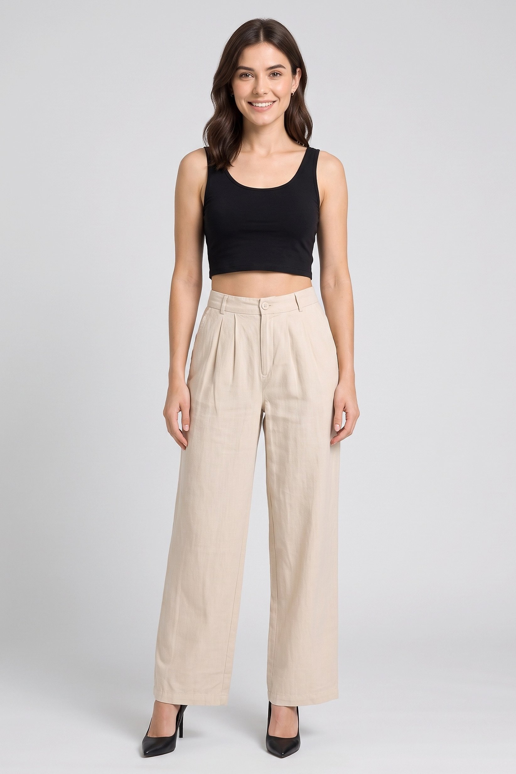 Women Regular Fit Solid Straight Leg Pants, Beige