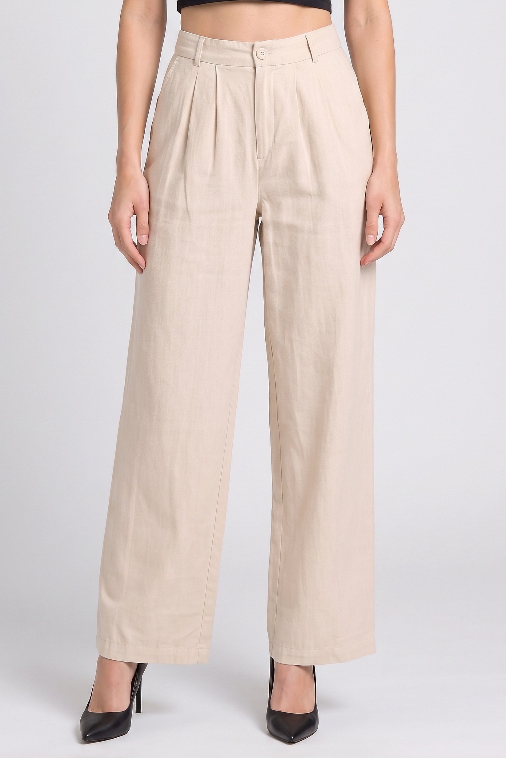 Women Regular Fit Solid Straight Leg Pants, Beige