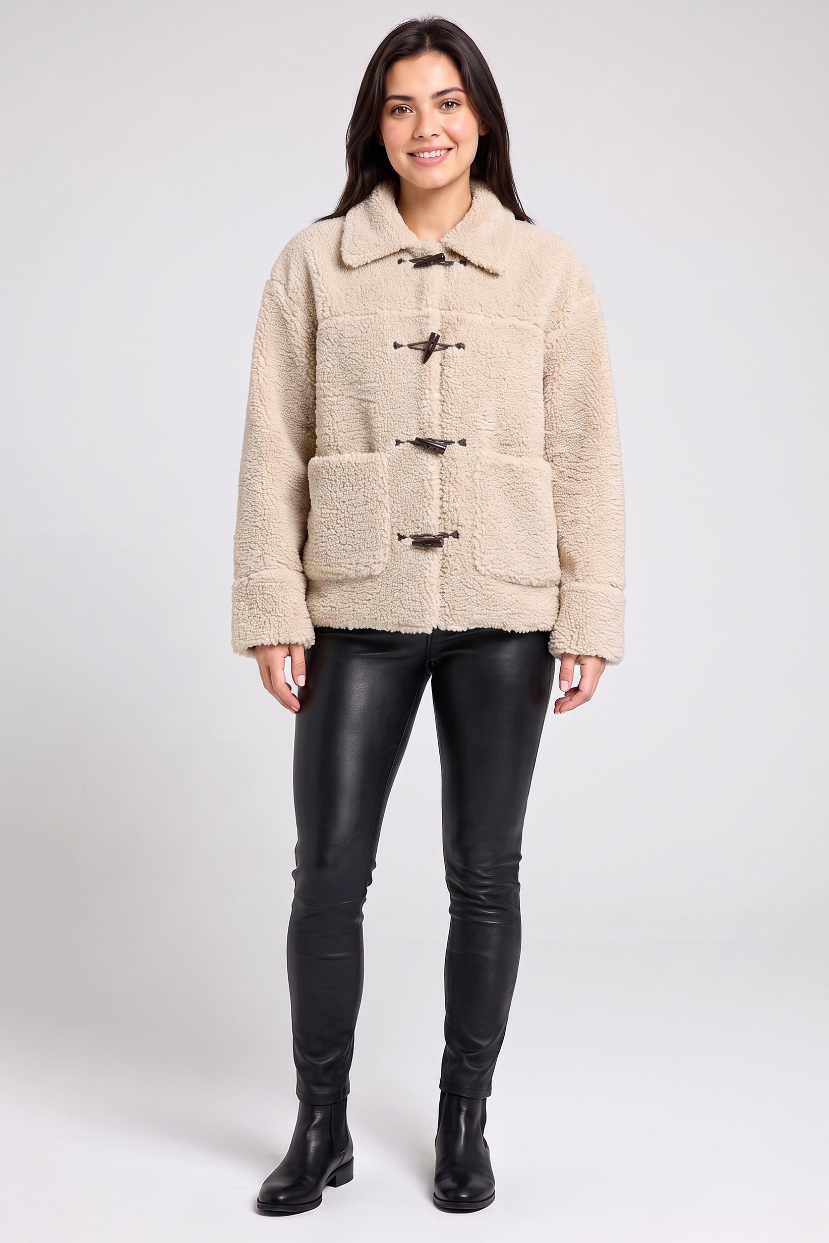 Women Textured Sherpa Jacket, Beige