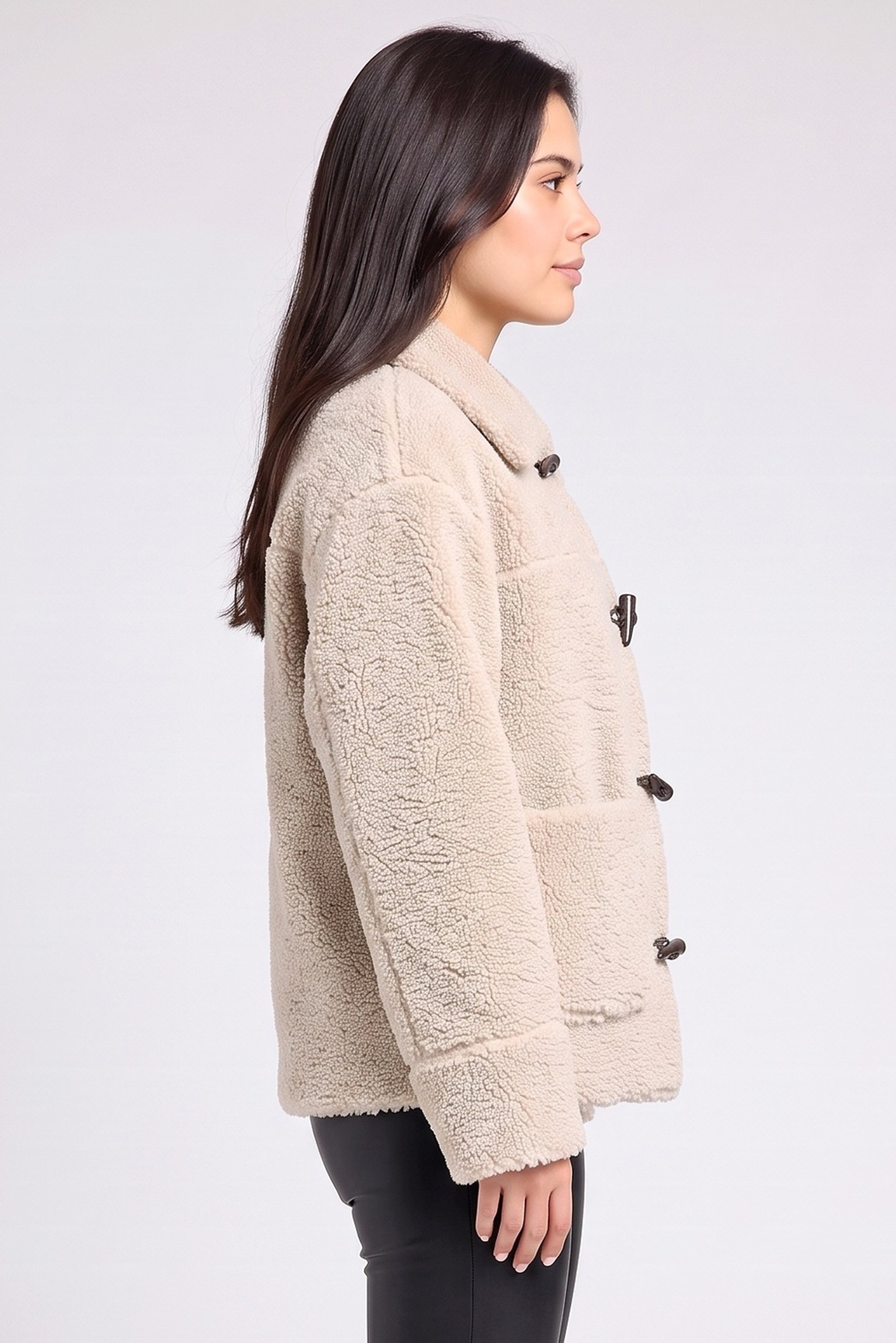 Women Textured Sherpa Jacket, Beige