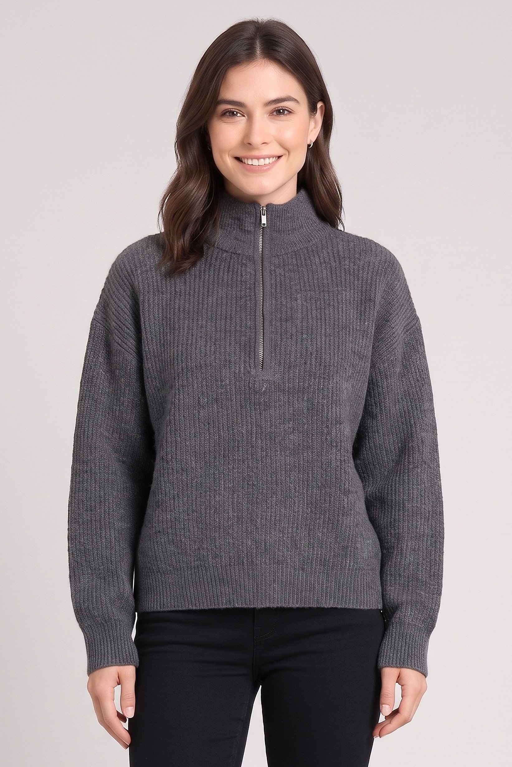 Women Knitted Long Sleeve Sweater, Grey