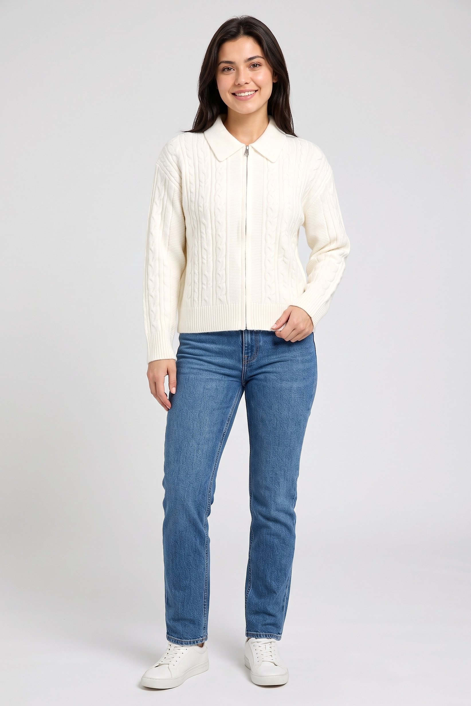 Women Spread Collar Cable Knit Cardigan, Off White