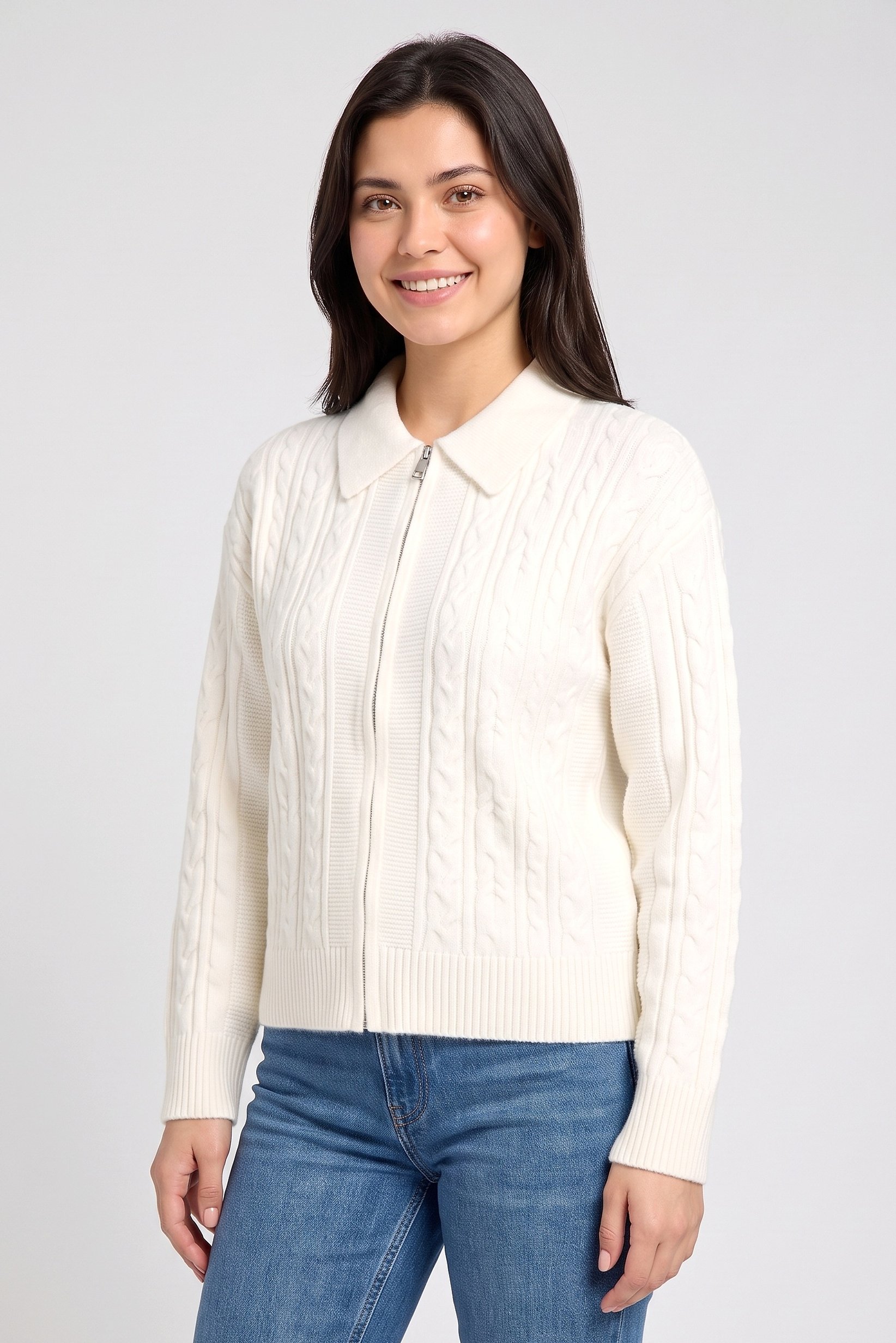 Women Spread Collar Cable Knit Cardigan, Off White