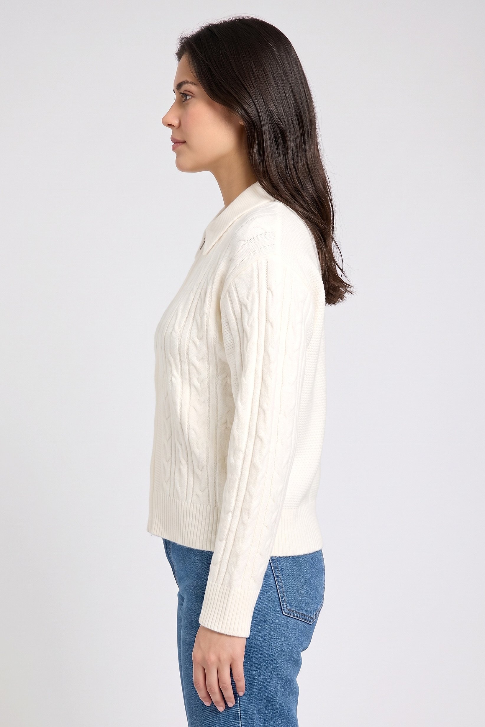 Women Spread Collar Cable Knit Cardigan, Off White
