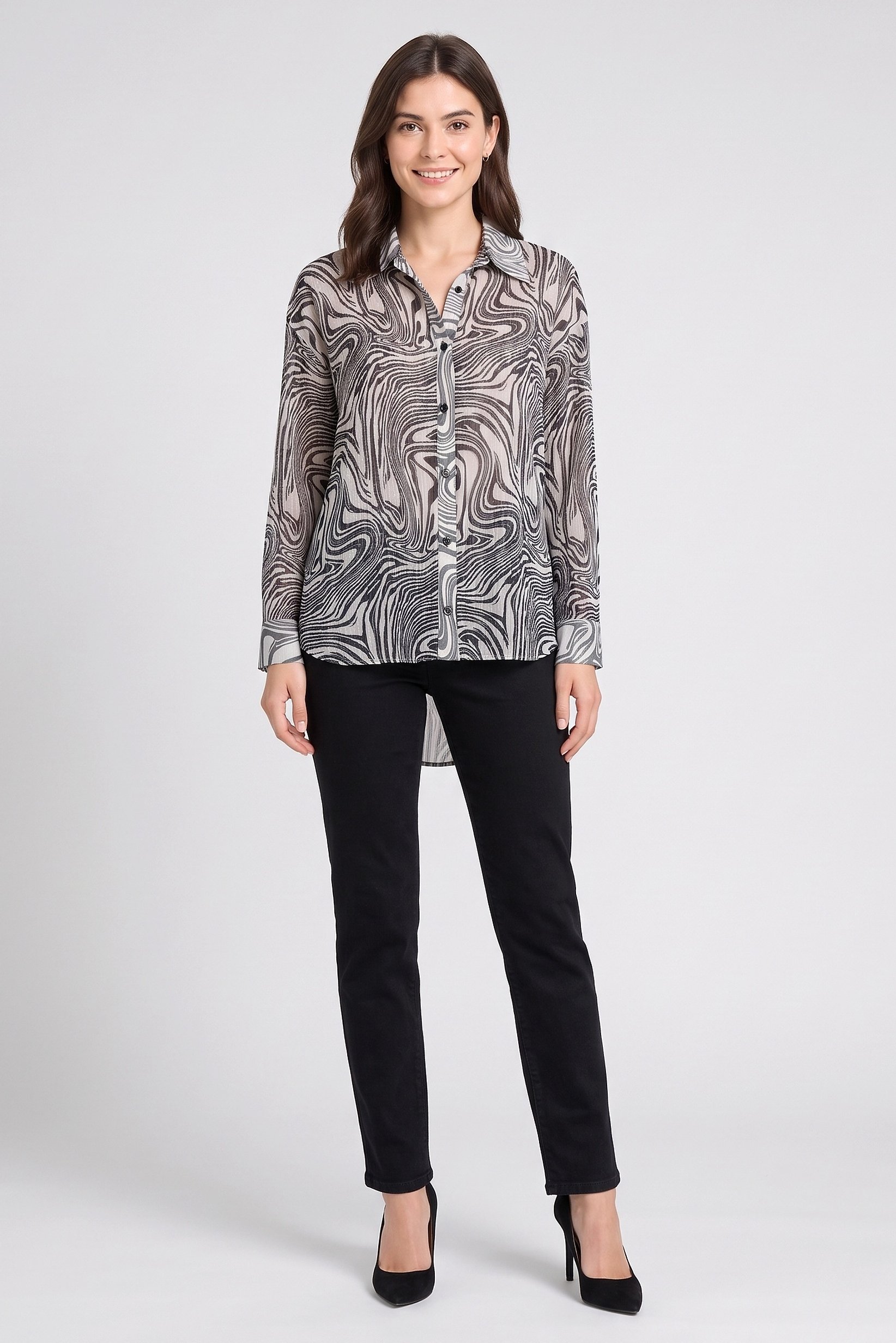 Women Spread Collar Long Sleeve Abstract Print Shirt, Multicolor