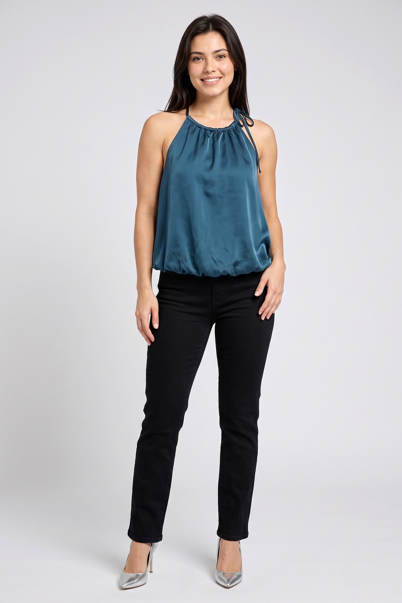 Women Halter Neck Strapless Plain Top, Teal