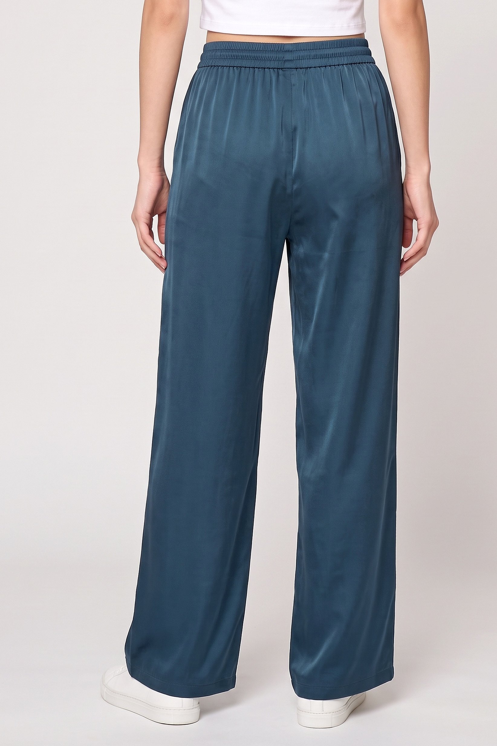 Women Regular Fit Solid Wide Leg Pants, Teal Green