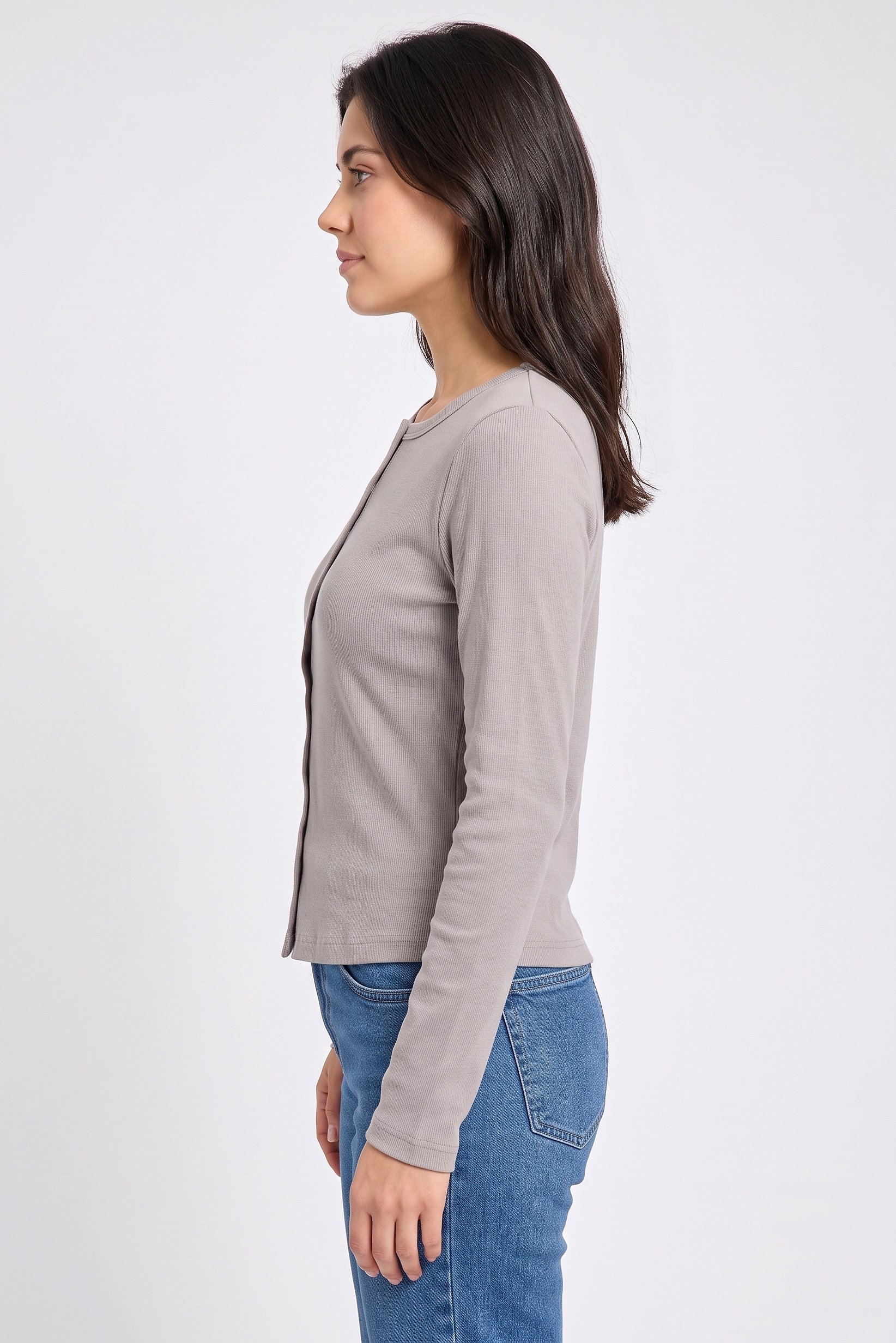 Women Round Neck Long Sleeve Ribbed Top, Grey