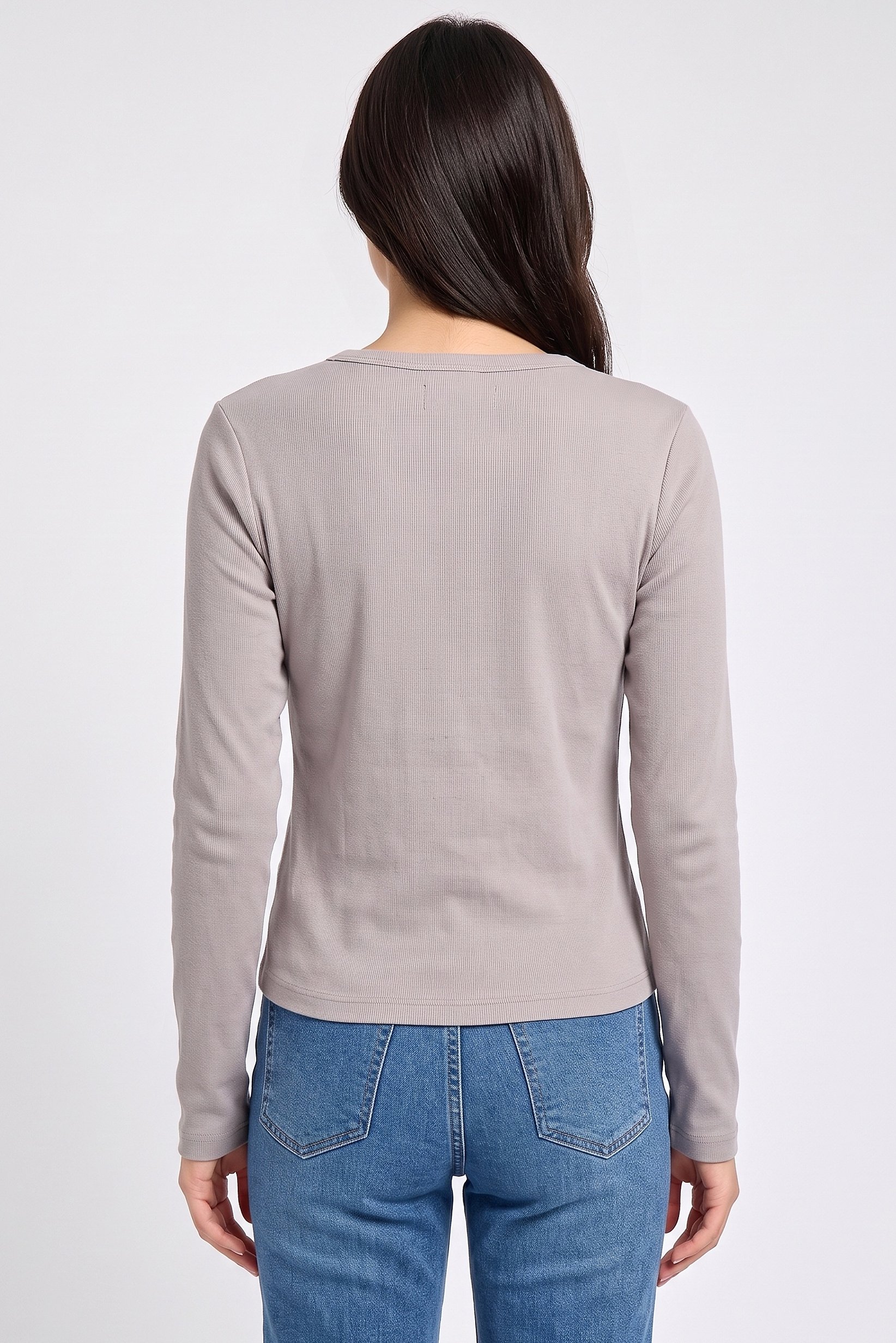 Women Round Neck Long Sleeve Ribbed Top, Grey