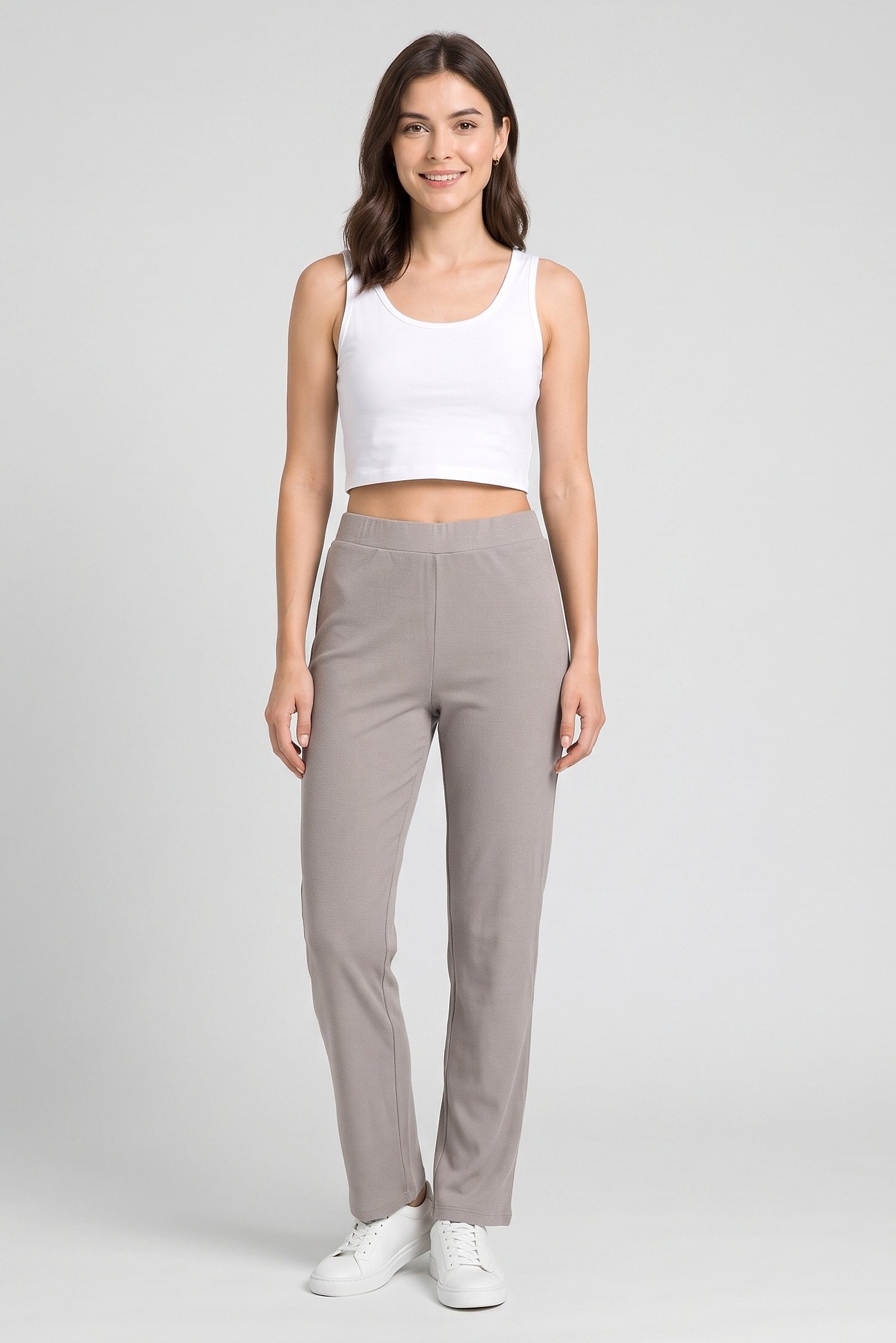 Women Regular Fit Ribbed Straight Leg Pants, Grey