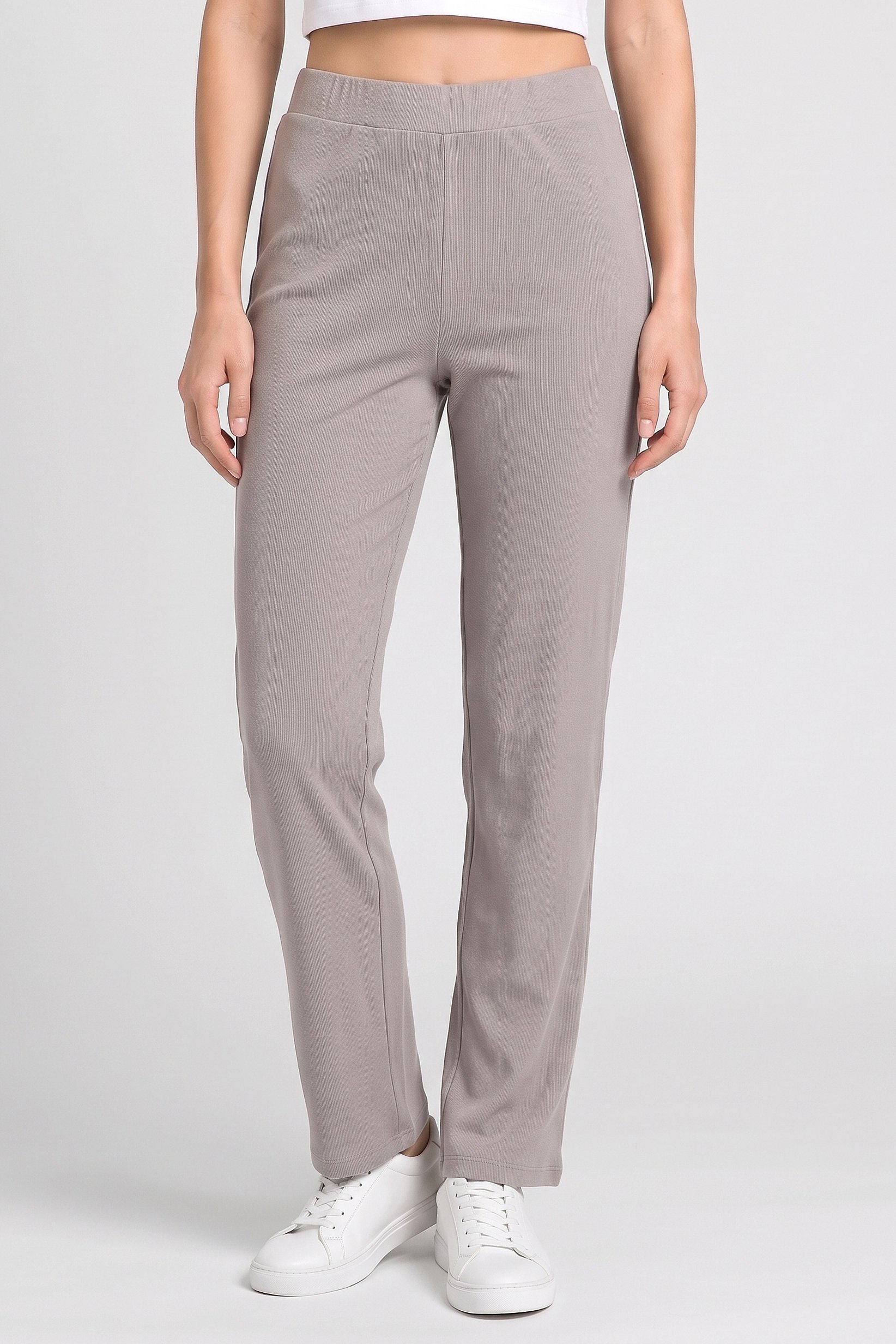Women Regular Fit Ribbed Straight Leg Pants, Grey