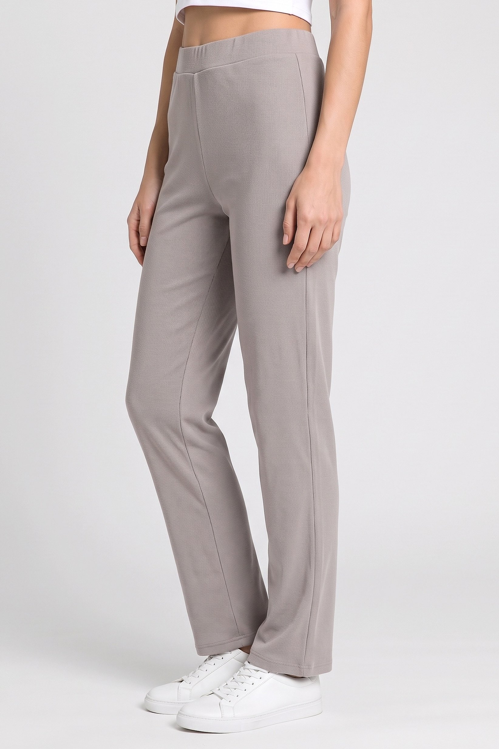 Women Regular Fit Ribbed Straight Leg Pants, Grey