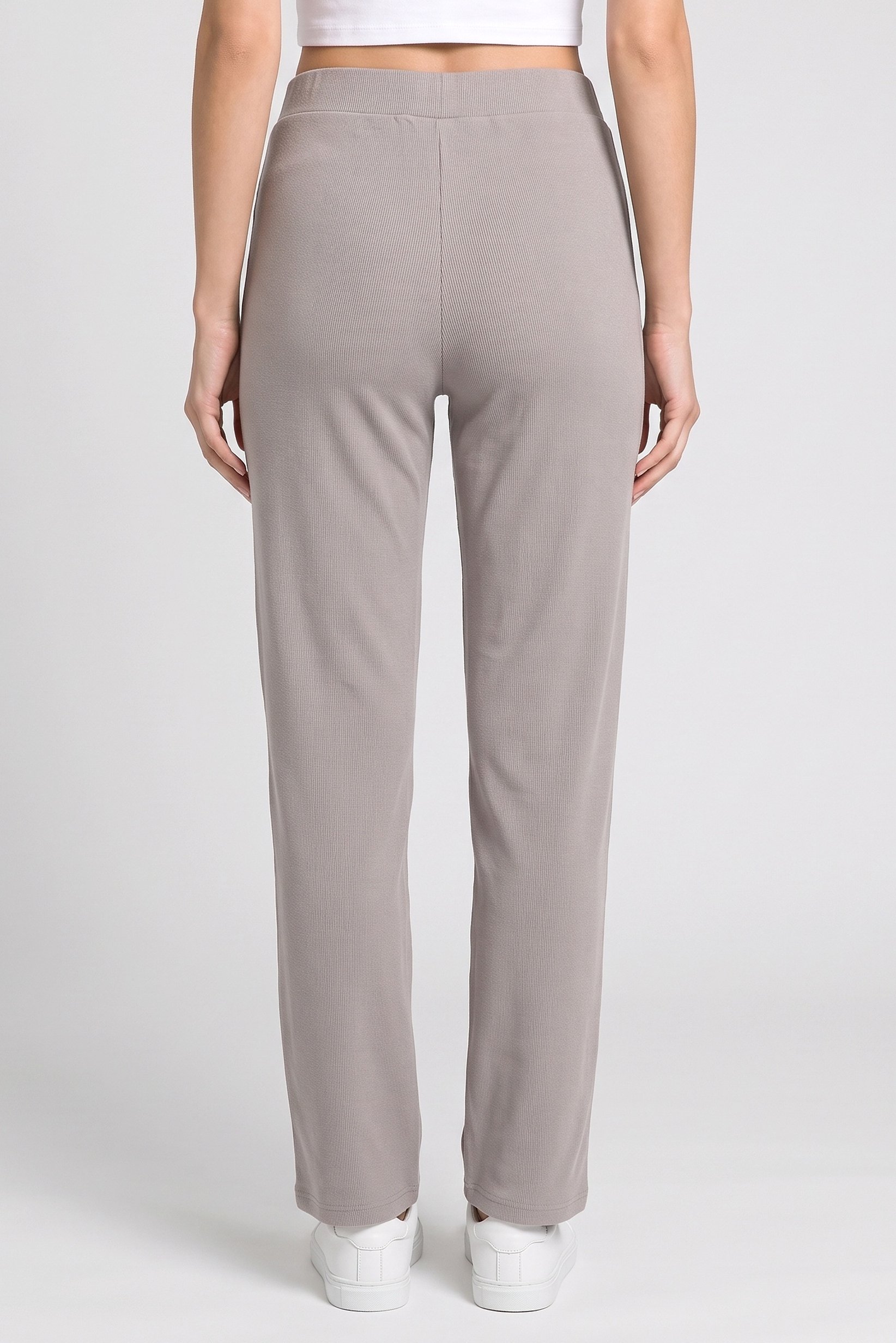 Women Regular Fit Ribbed Straight Leg Pants, Grey