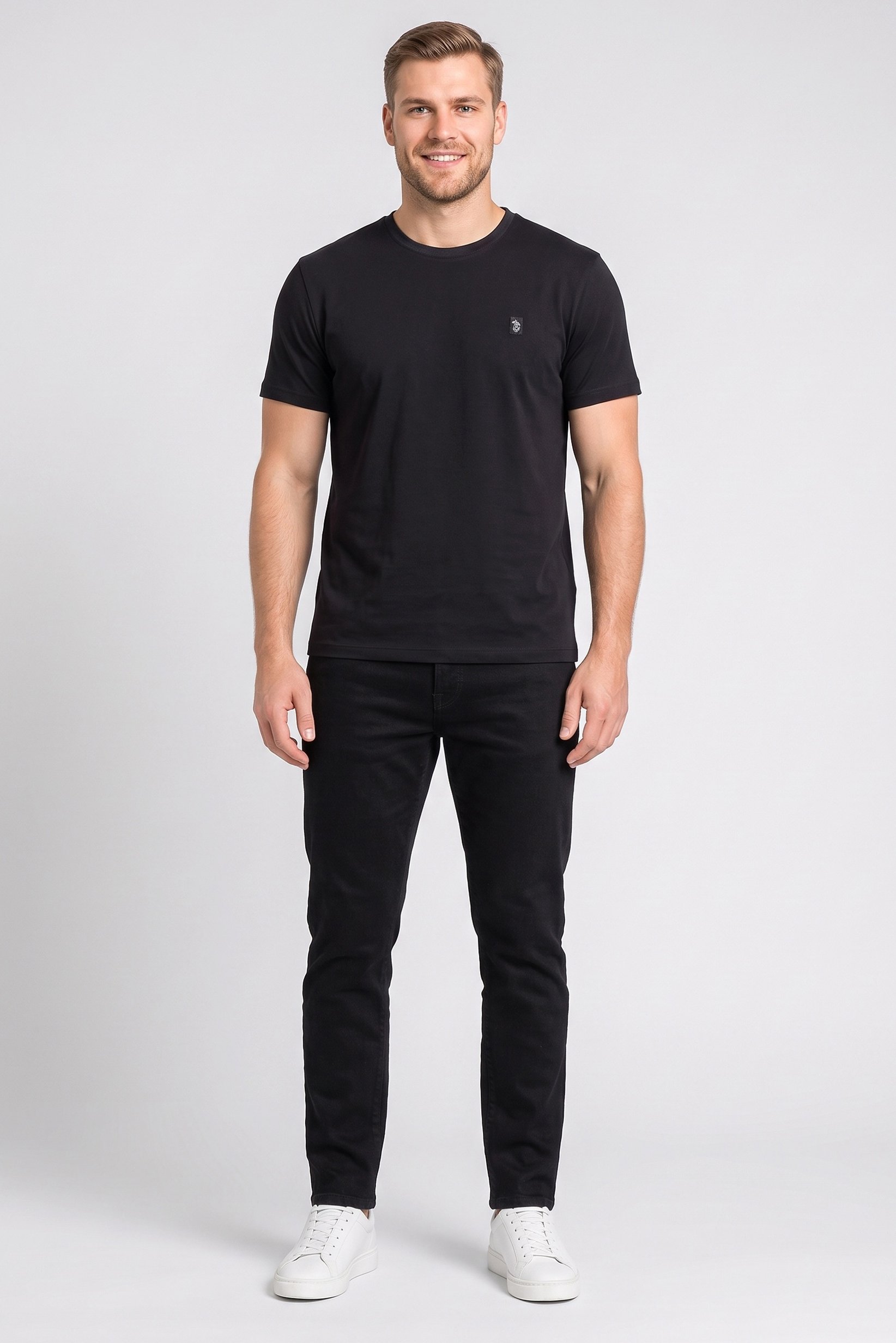Men Crew Neck Short Sleeve Embroidered Logo T-Shirt, Black
