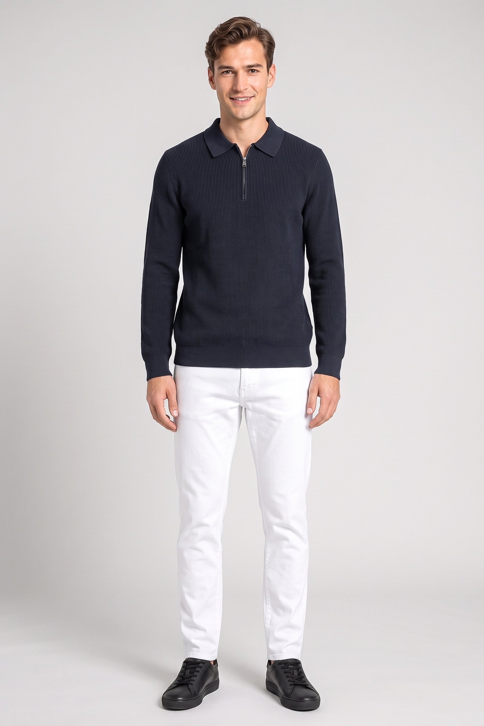 Men Regular Fit Knitted Long Sleeve Polo, Washed Black