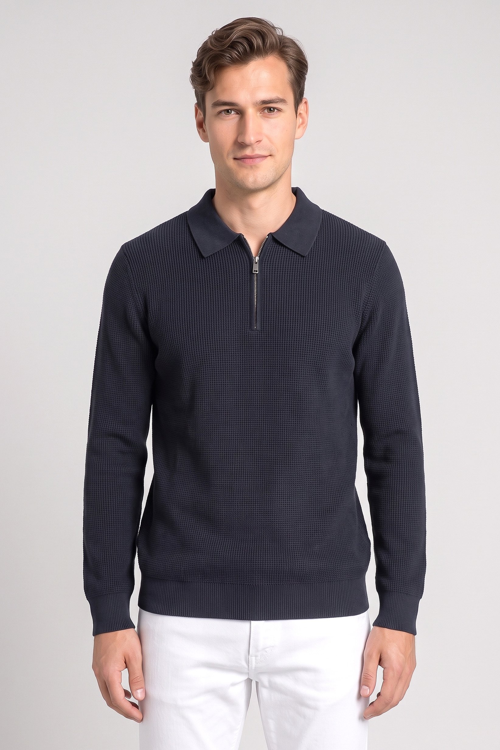 Men Regular Fit Knitted Long Sleeve Polo, Washed Black