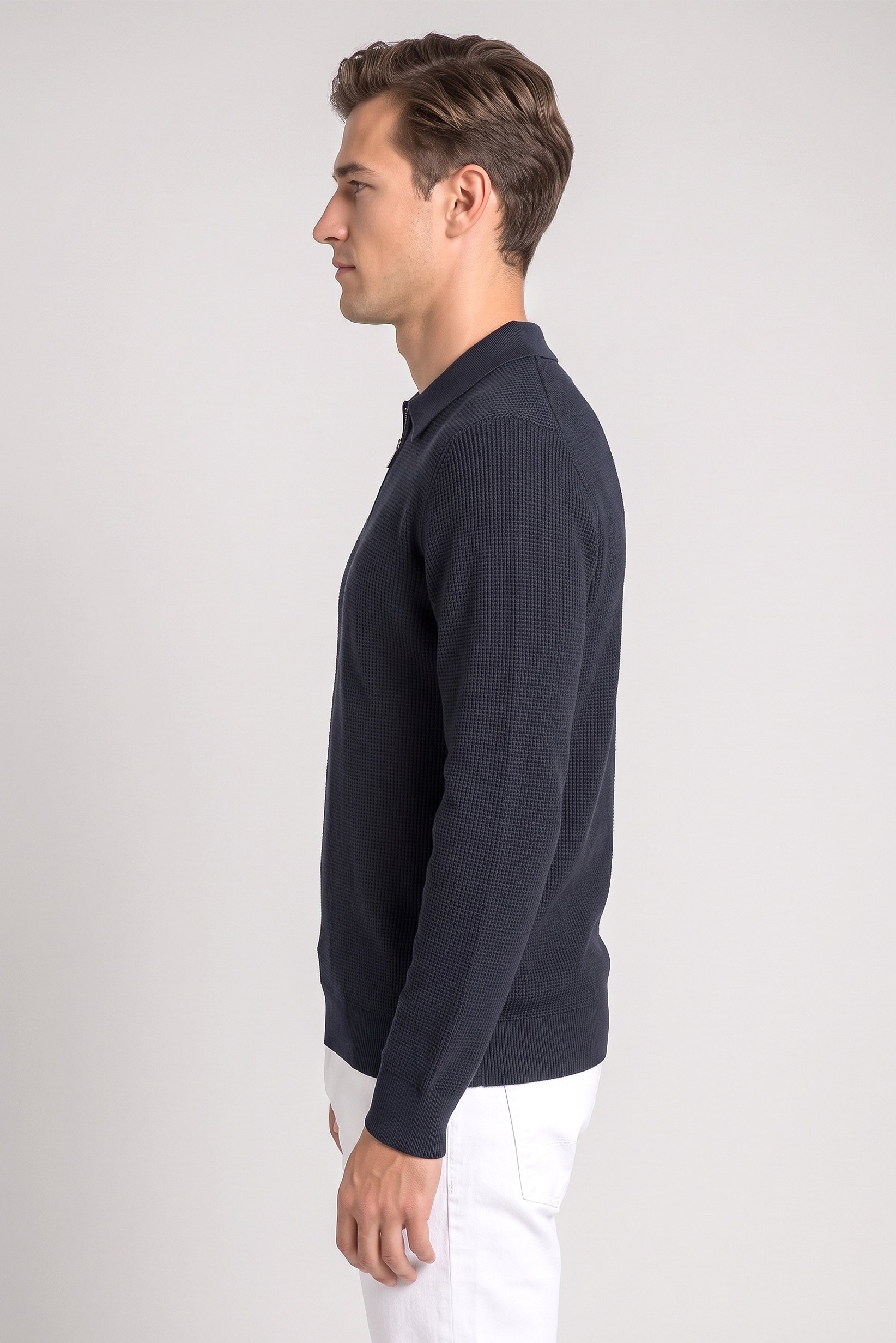 Men Regular Fit Knitted Long Sleeve Polo, Washed Black