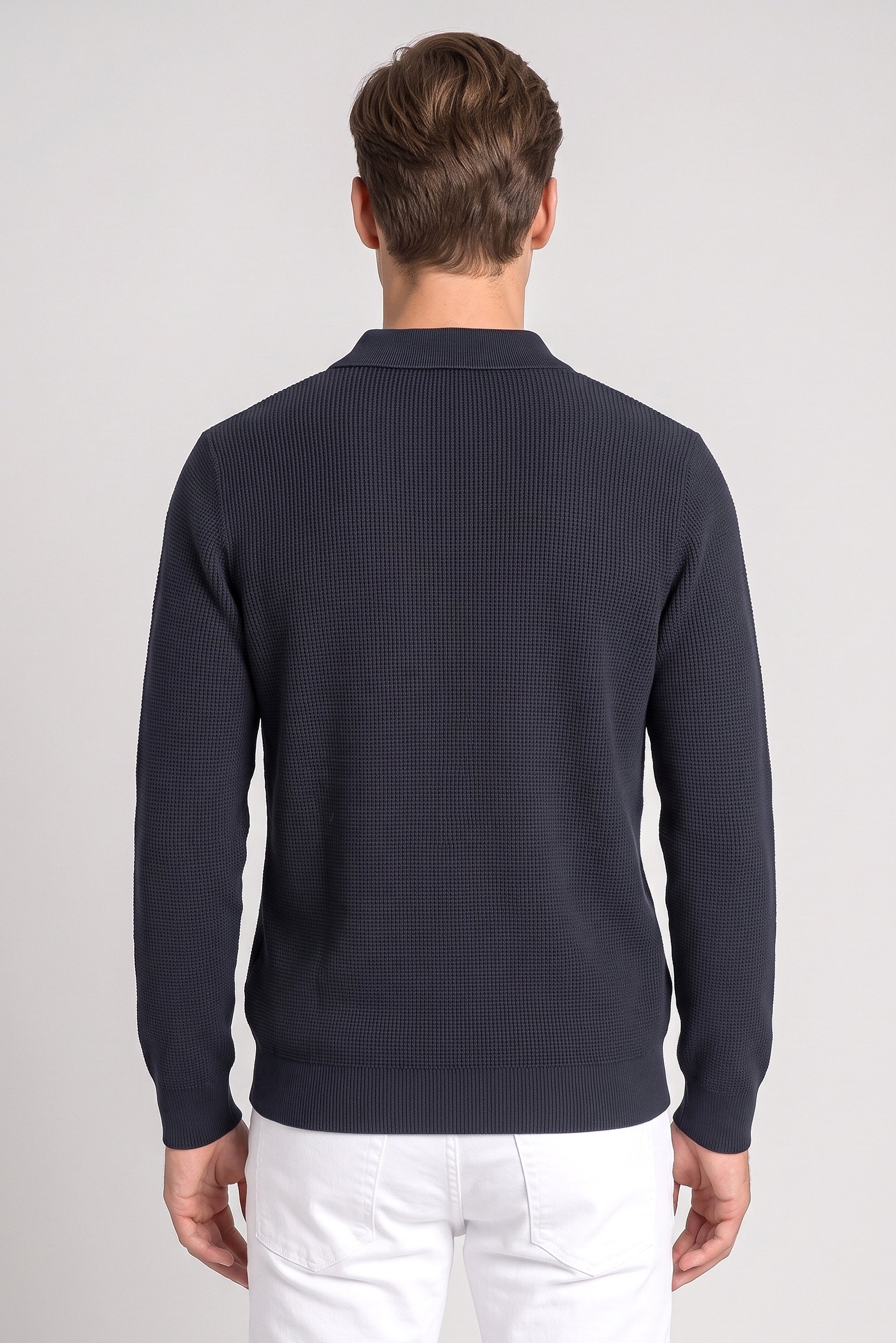 Men Regular Fit Knitted Long Sleeve Polo, Washed Black