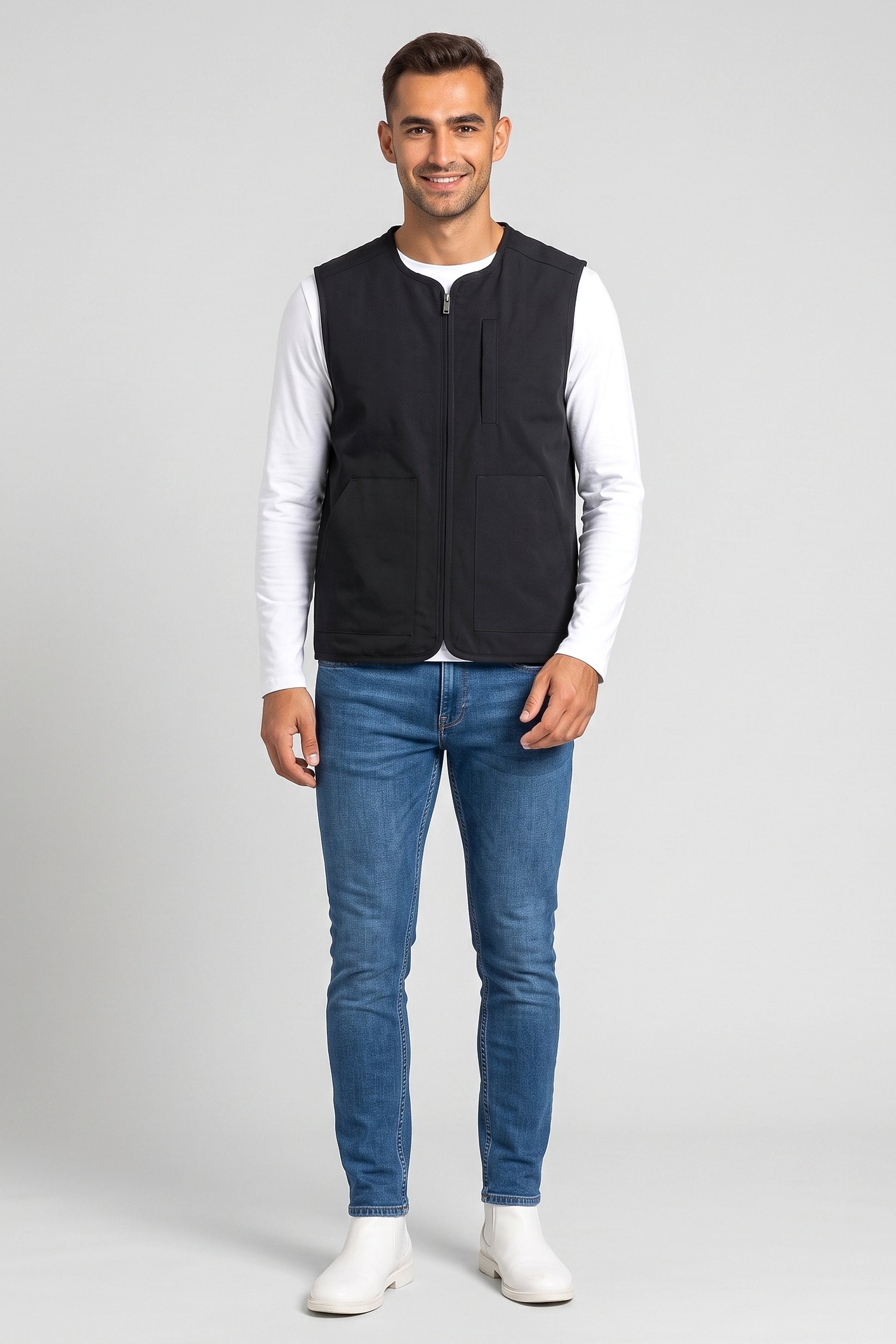 Men Solid Vest Jacket, Black