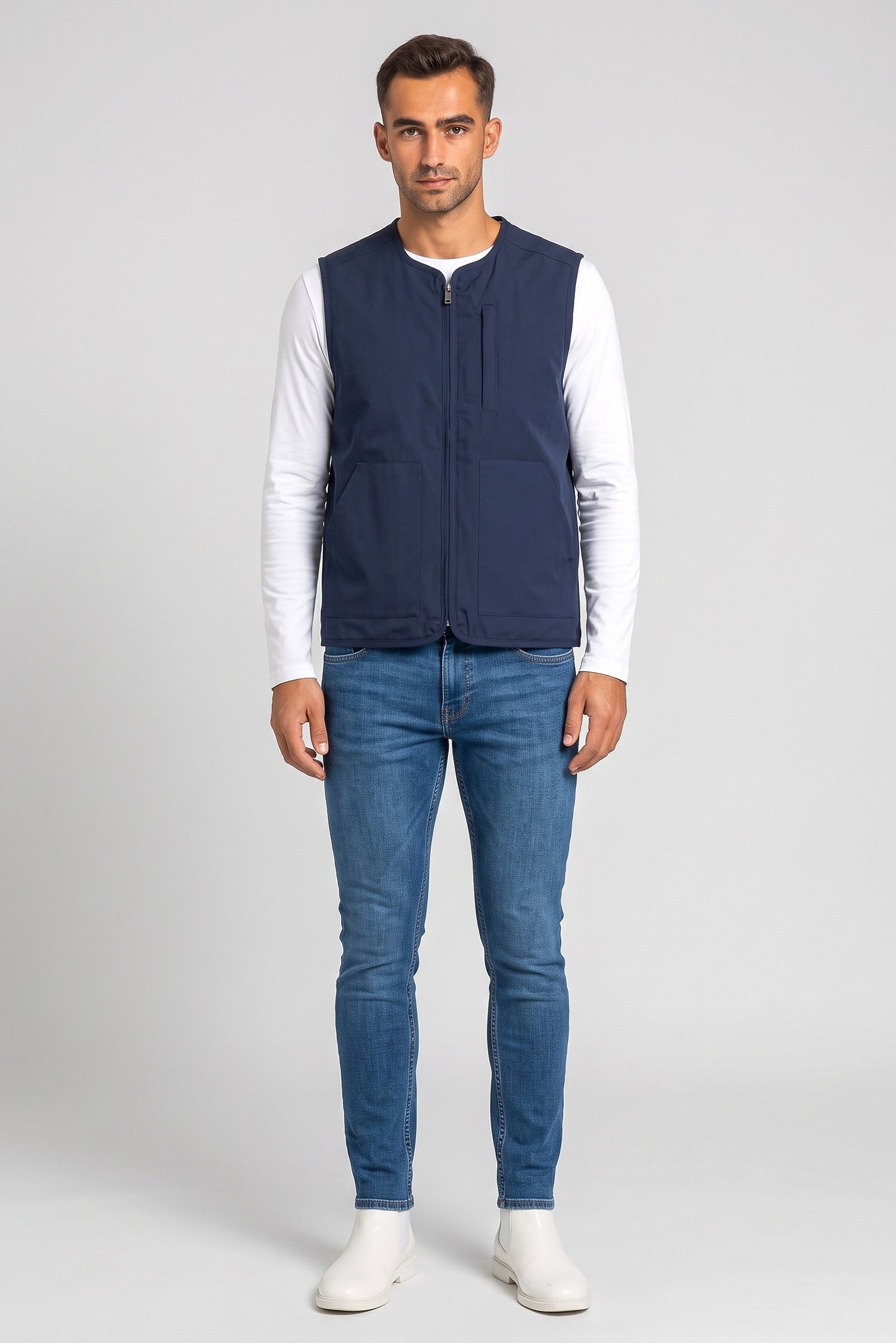 Men Solid Vest Jacket, Navy