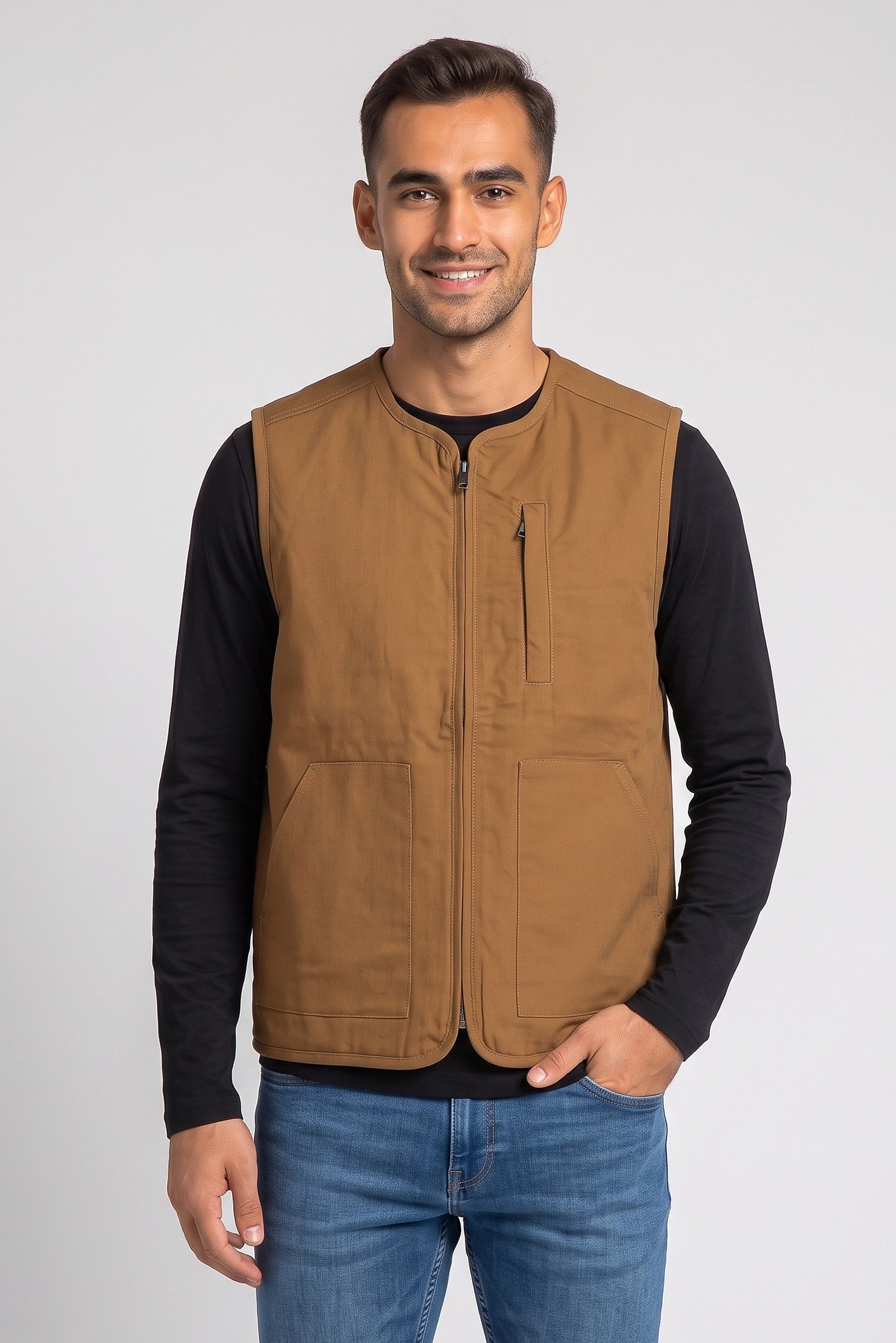 Men Solid Vest Jacket, Dark Tan