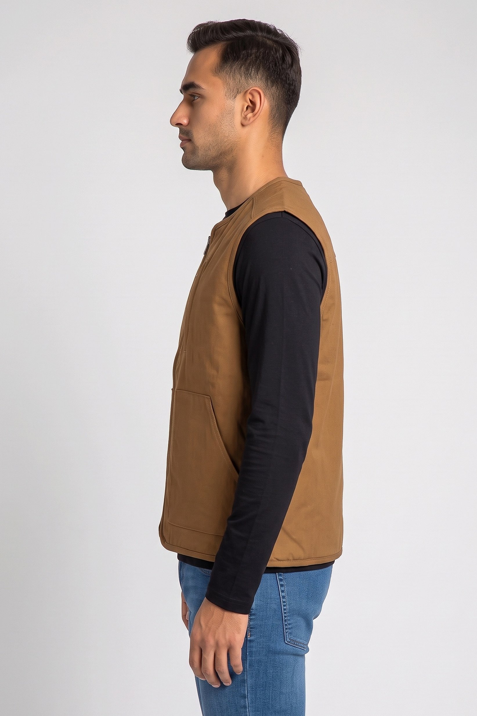 Men Solid Vest Jacket, Dark Tan