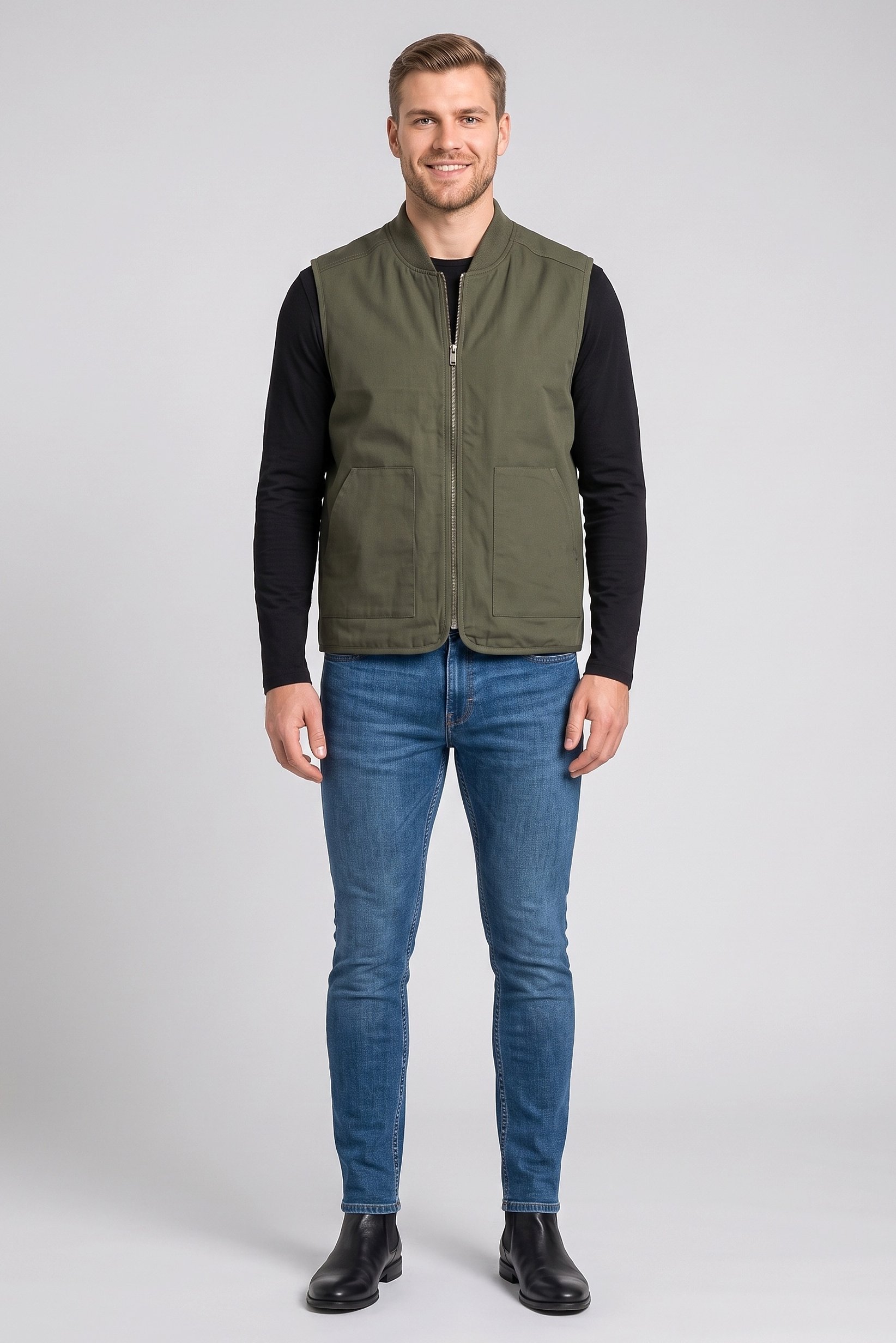 Men Solid Vest Jacket, Khaki