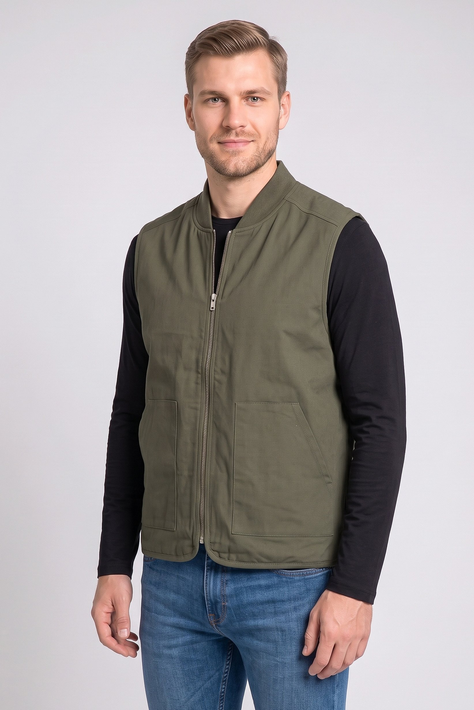 Men Solid Vest Jacket, Khaki