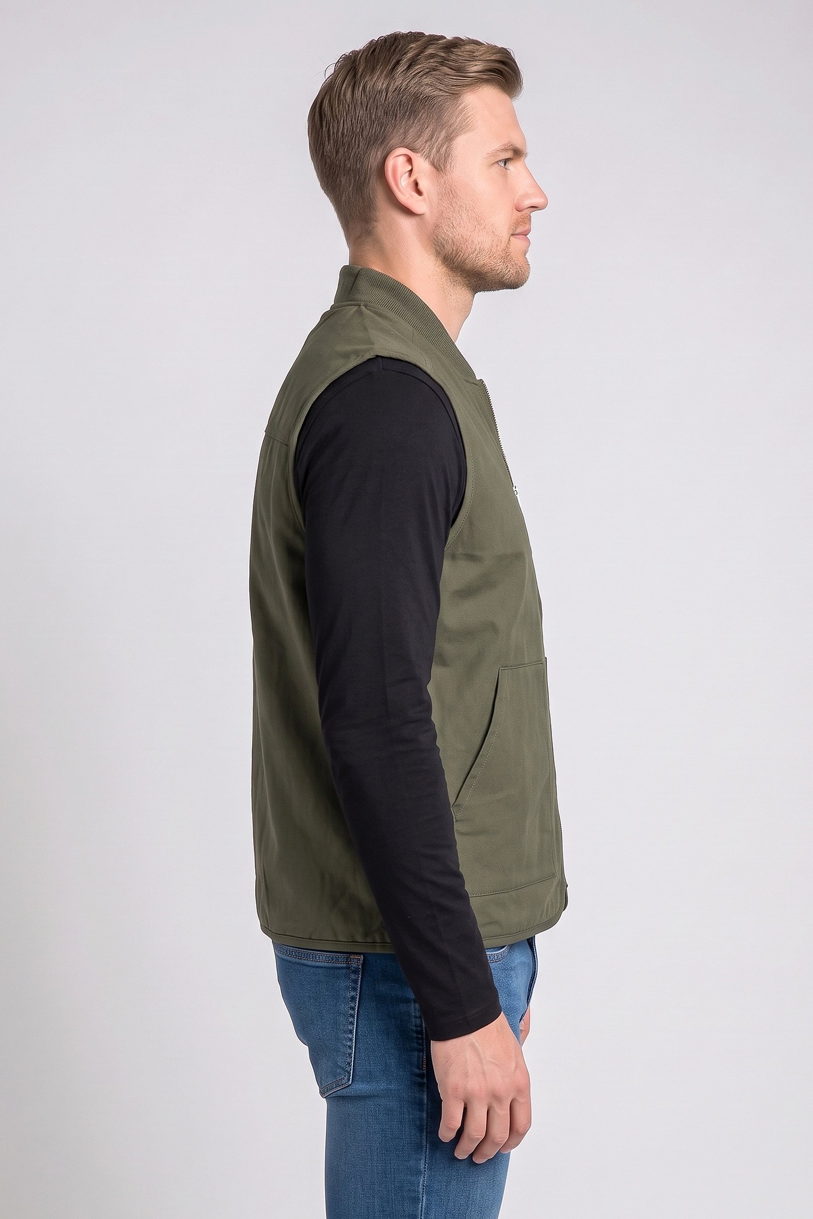 Men Solid Vest Jacket, Khaki
