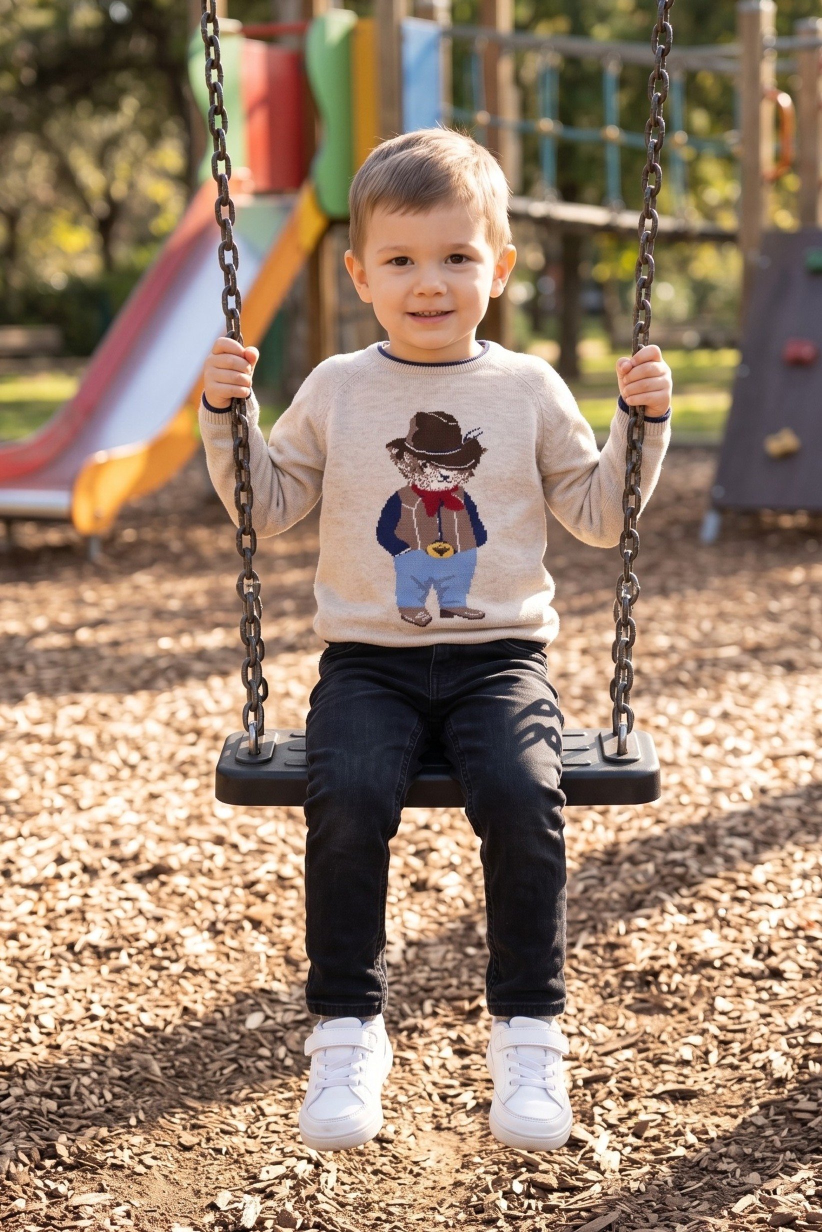 Toddlers Boy Long Sleeve Graphic Print Sweater, Beige